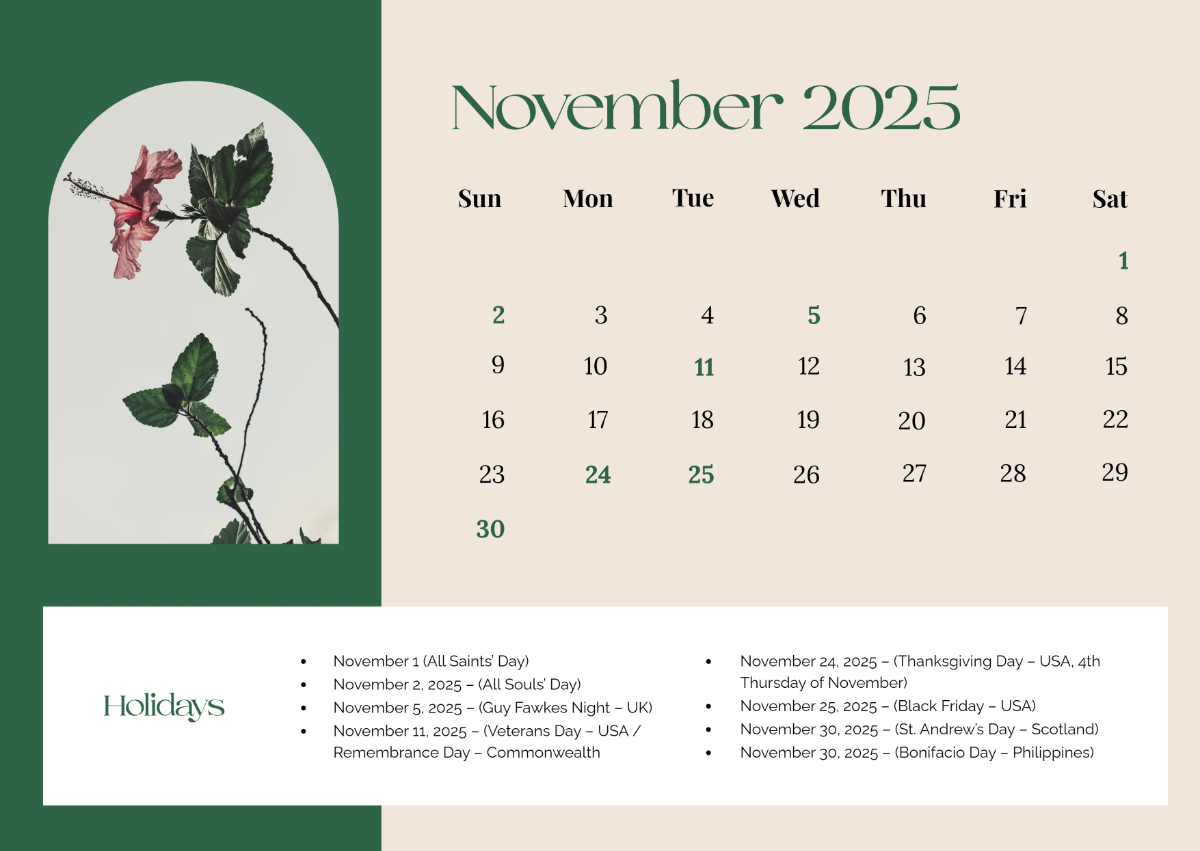 Free November 2025 Wall Calendar to Edit Online