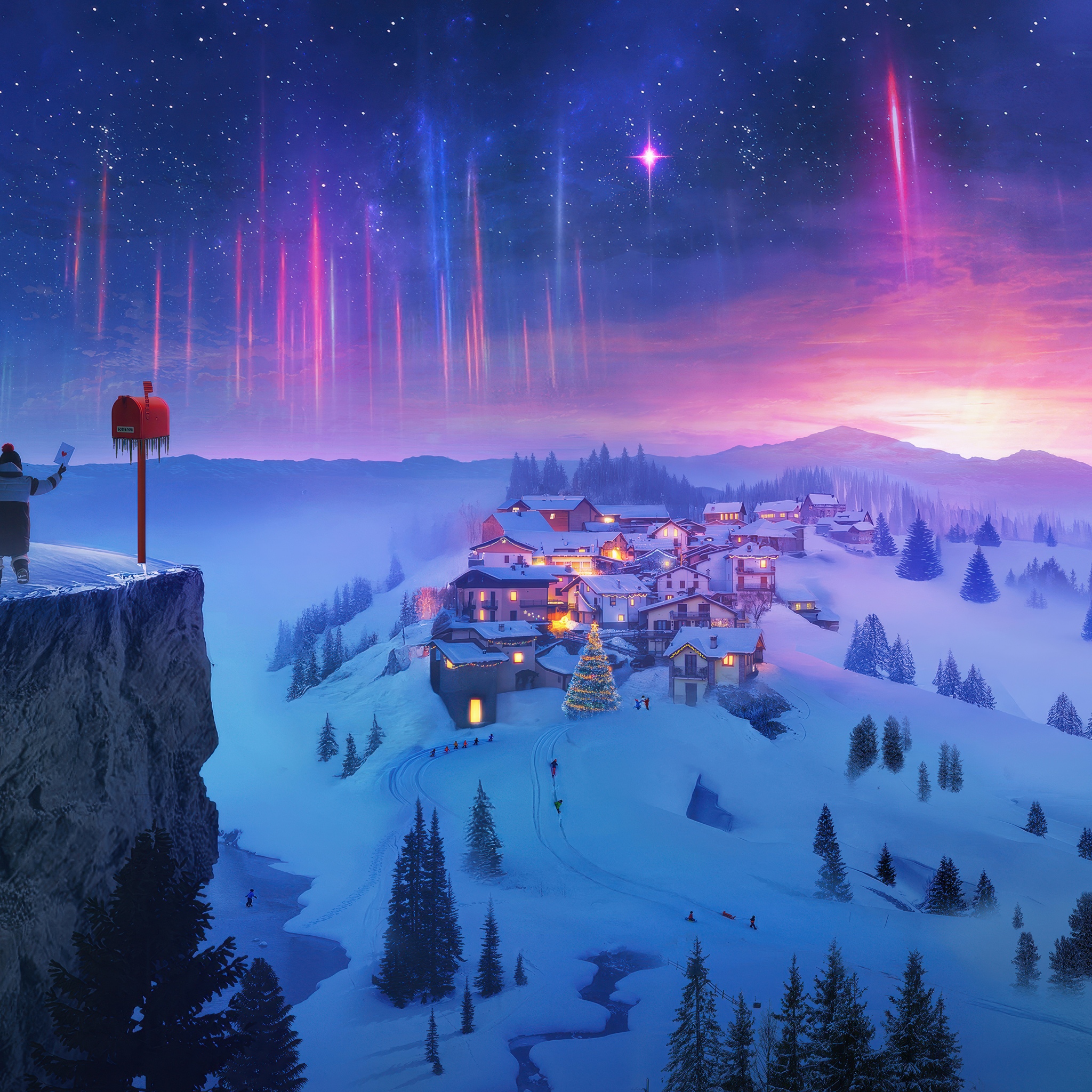 Snowy village Wallpaper 4K, Winter, Aurora sky, Night sky