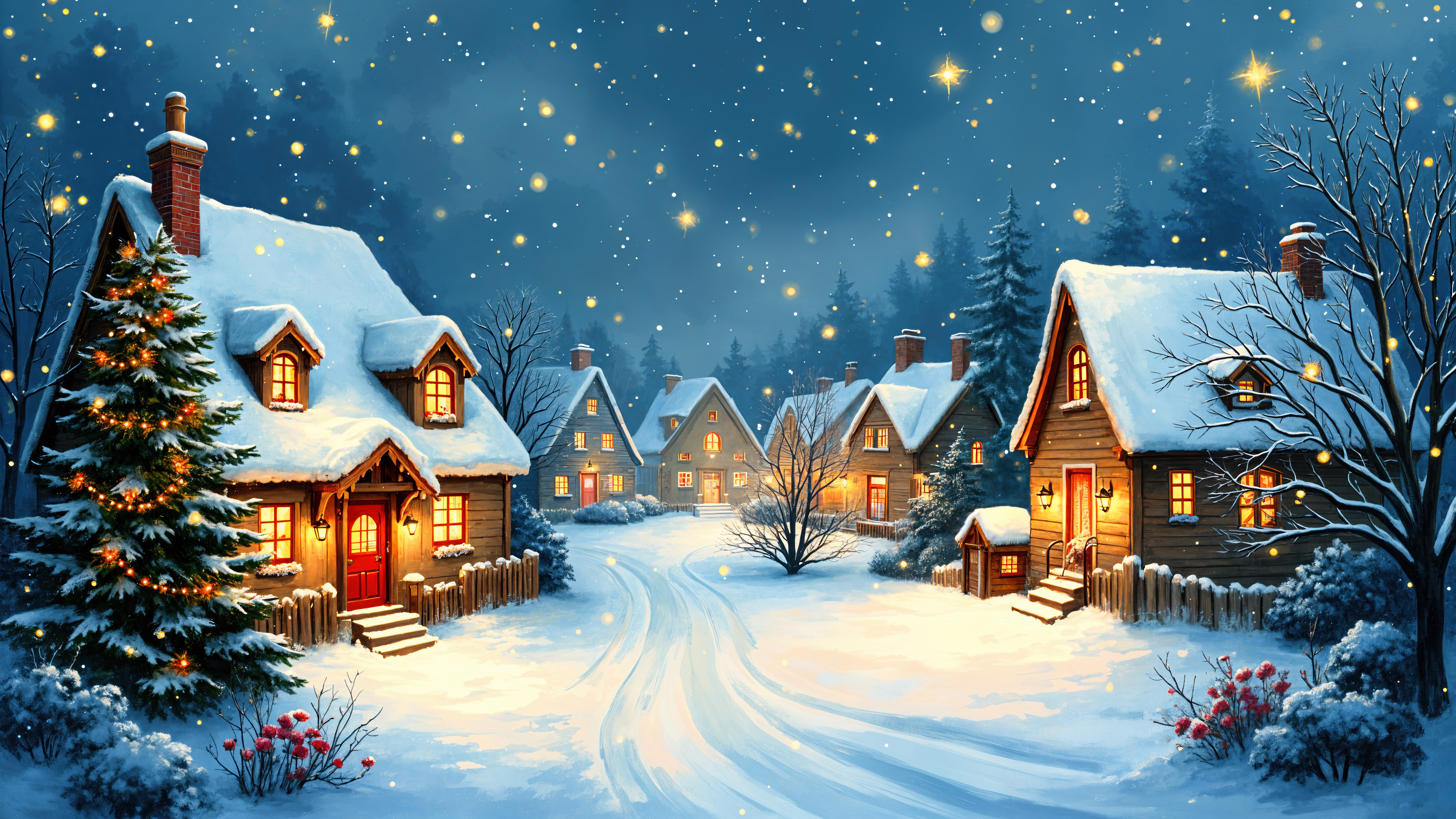 Christmas cottage village Wallpaper 8k for Desktop