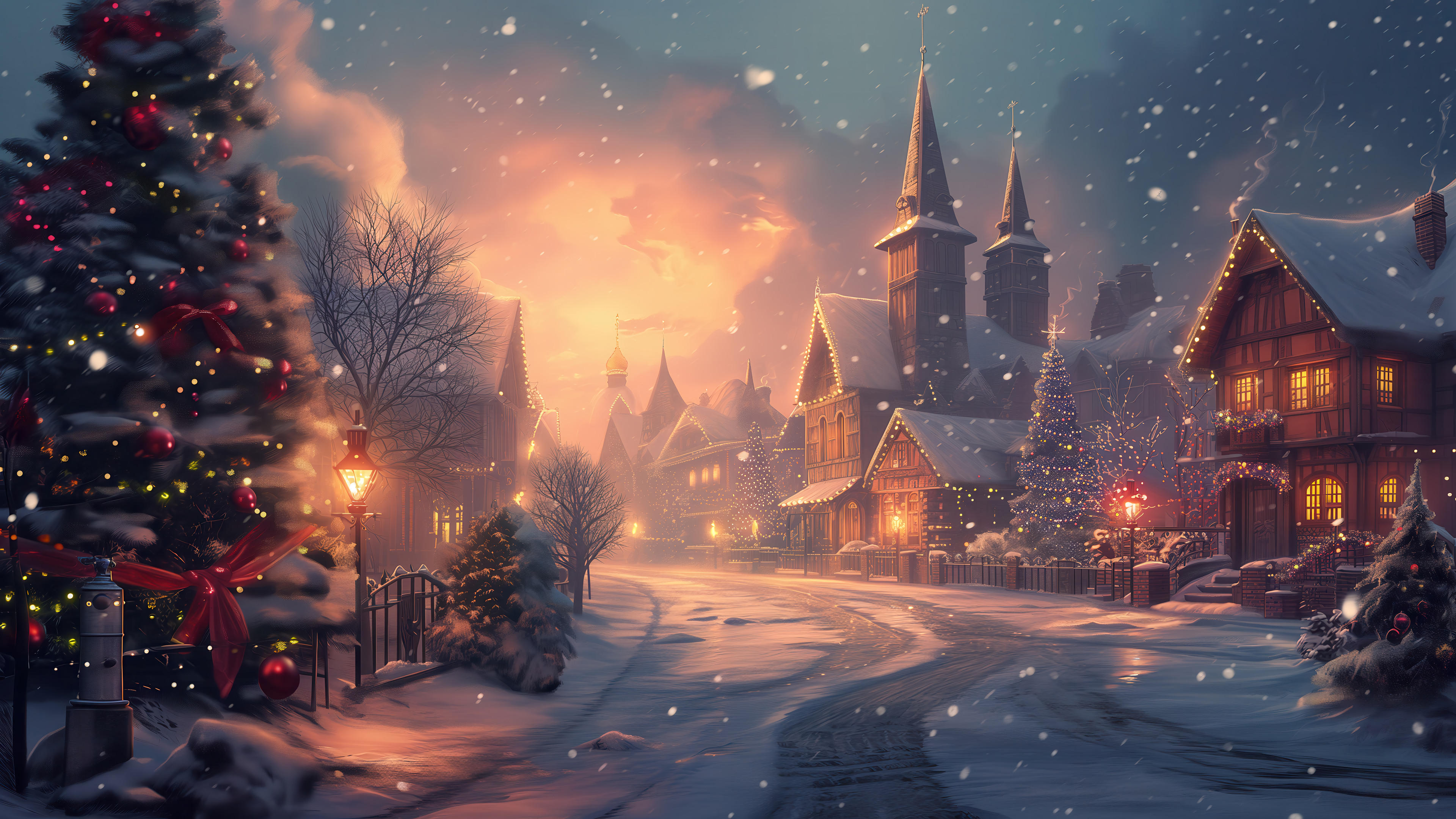 Christmas Tree Village Snow Winter Wallpaper 4K HD PC a