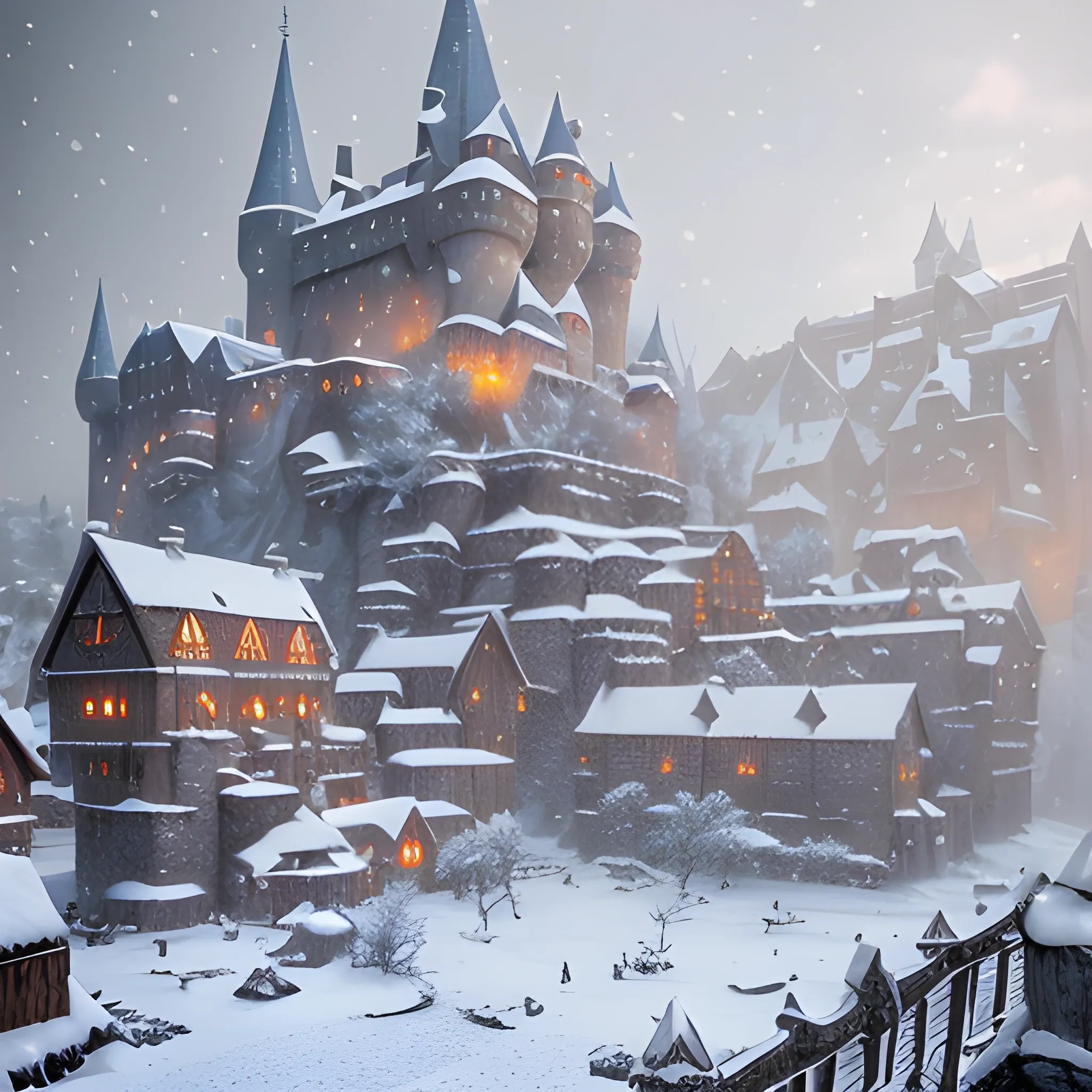 Winter, snowstorm, snowy, it's snowing, high fantasy, medieval village without castle, 8k, high qual