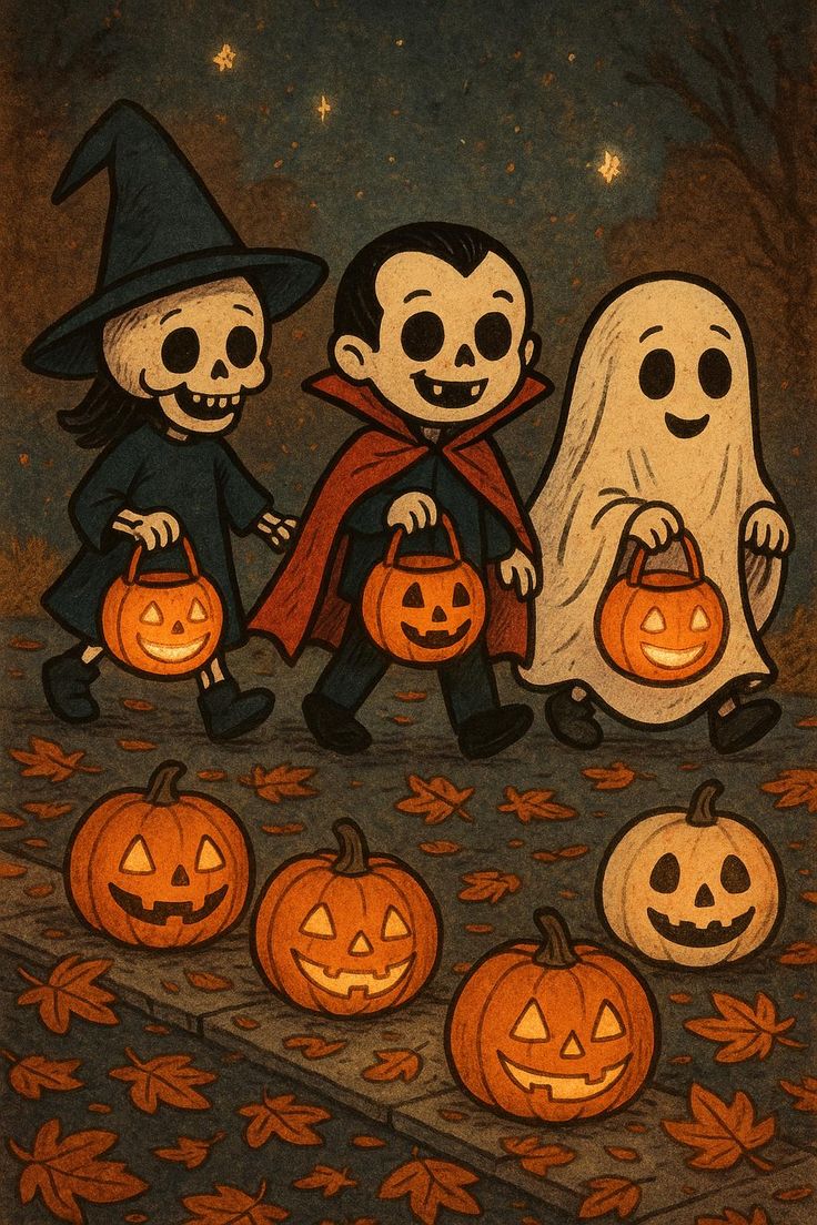 Whimsical Halloween Skeleton Kids Art Print, Vampire & Ghost Trick Or Treating Cartoon Style Wall Decor