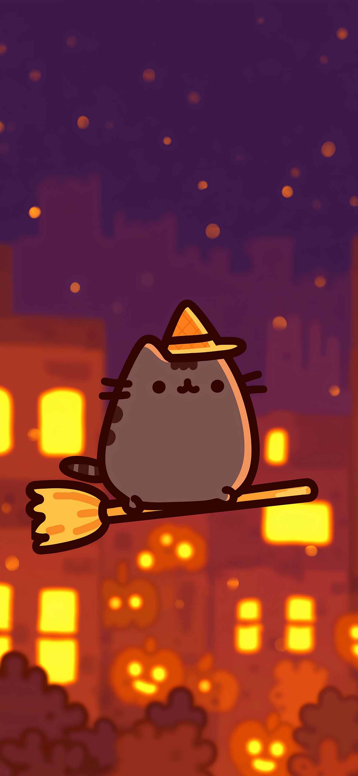 Pusheen Halloween Witch Cat Fall Wallpaper