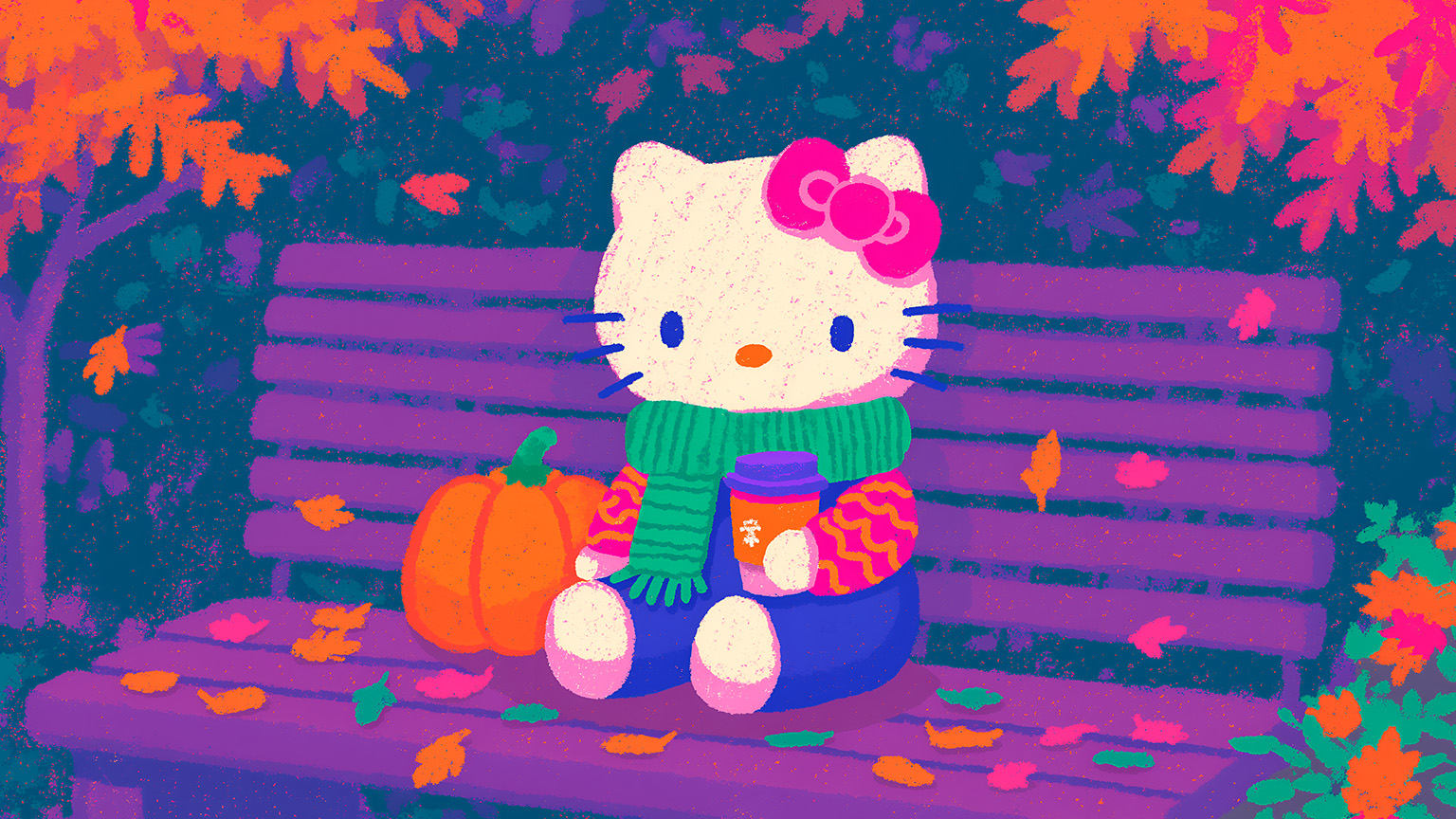 Free Hello Kitty Cozy Autumn Bench Sit Desktop Wallpaper