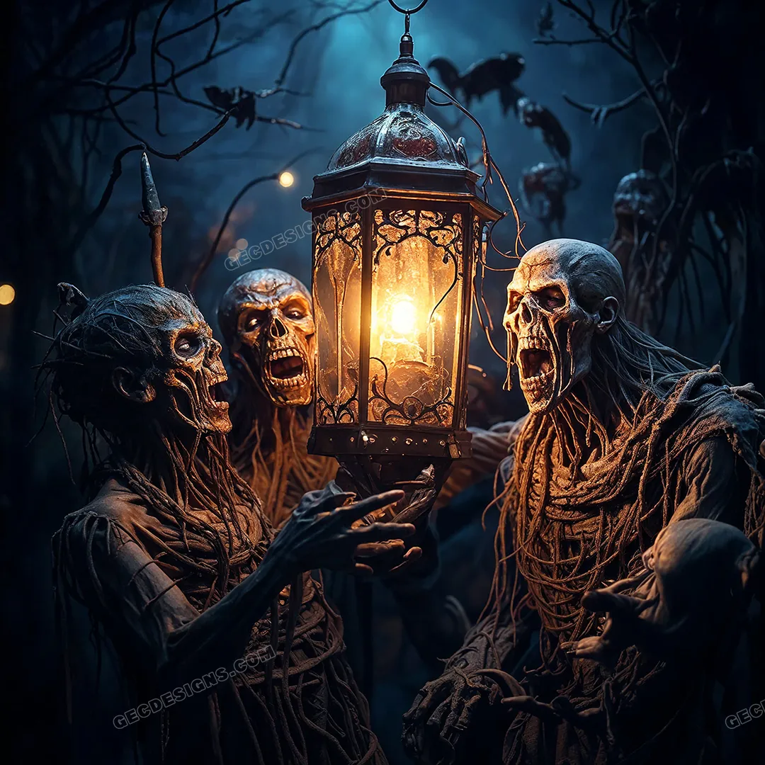 Scary Ghost skeleton holding a Lantern with a dark foggy Halloween background