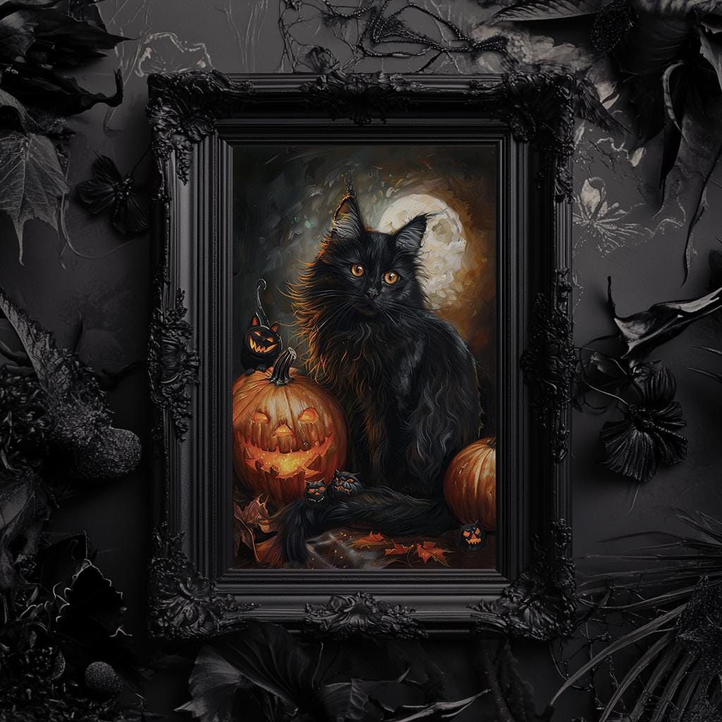 Black Cat With Jack O' Lanterns. Halloween Wall Art, Printable Black Cat, Dark Academia Aesthetic, Autumn Art Print, Gothic Wall Art