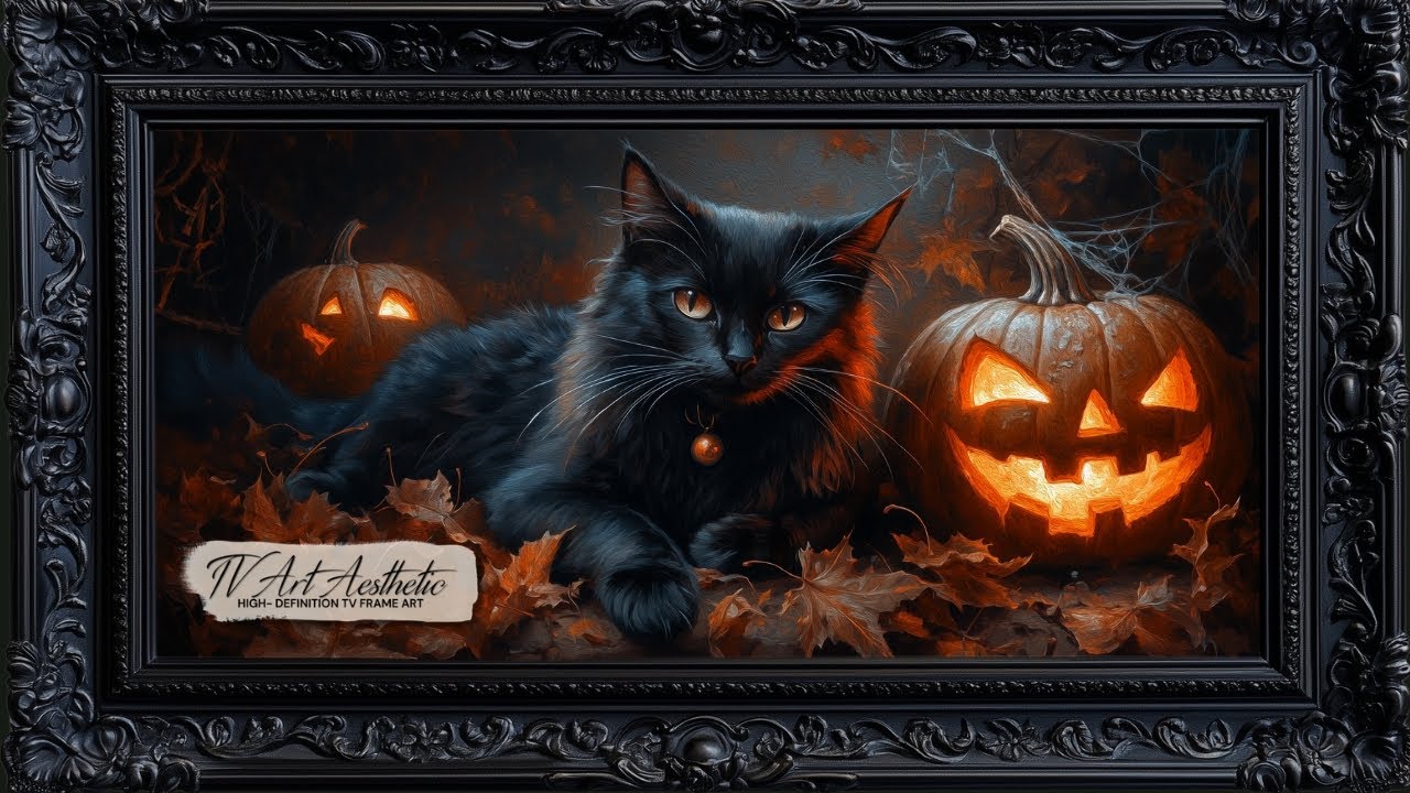 Frame TV Art. Halloween Black Cat Carved Pumpkins