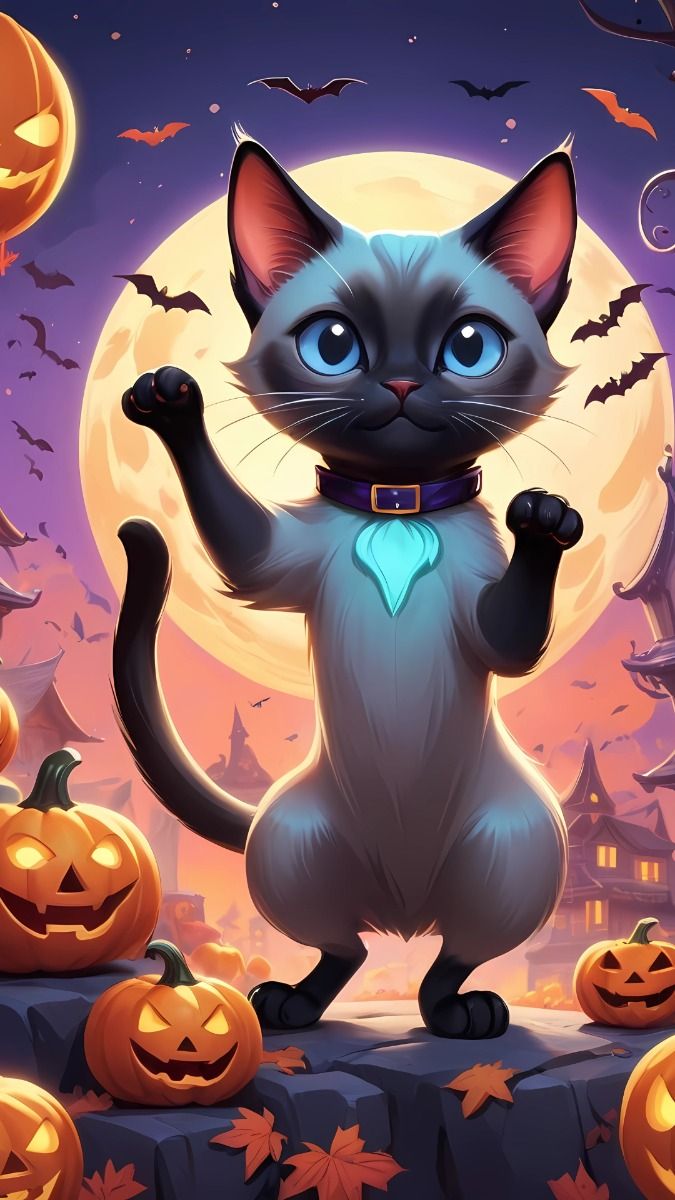 Spooky aesthetic wallpaper iPhone, Siamese cat aesthetic, Halloween vibes, Cute Halloween cat
