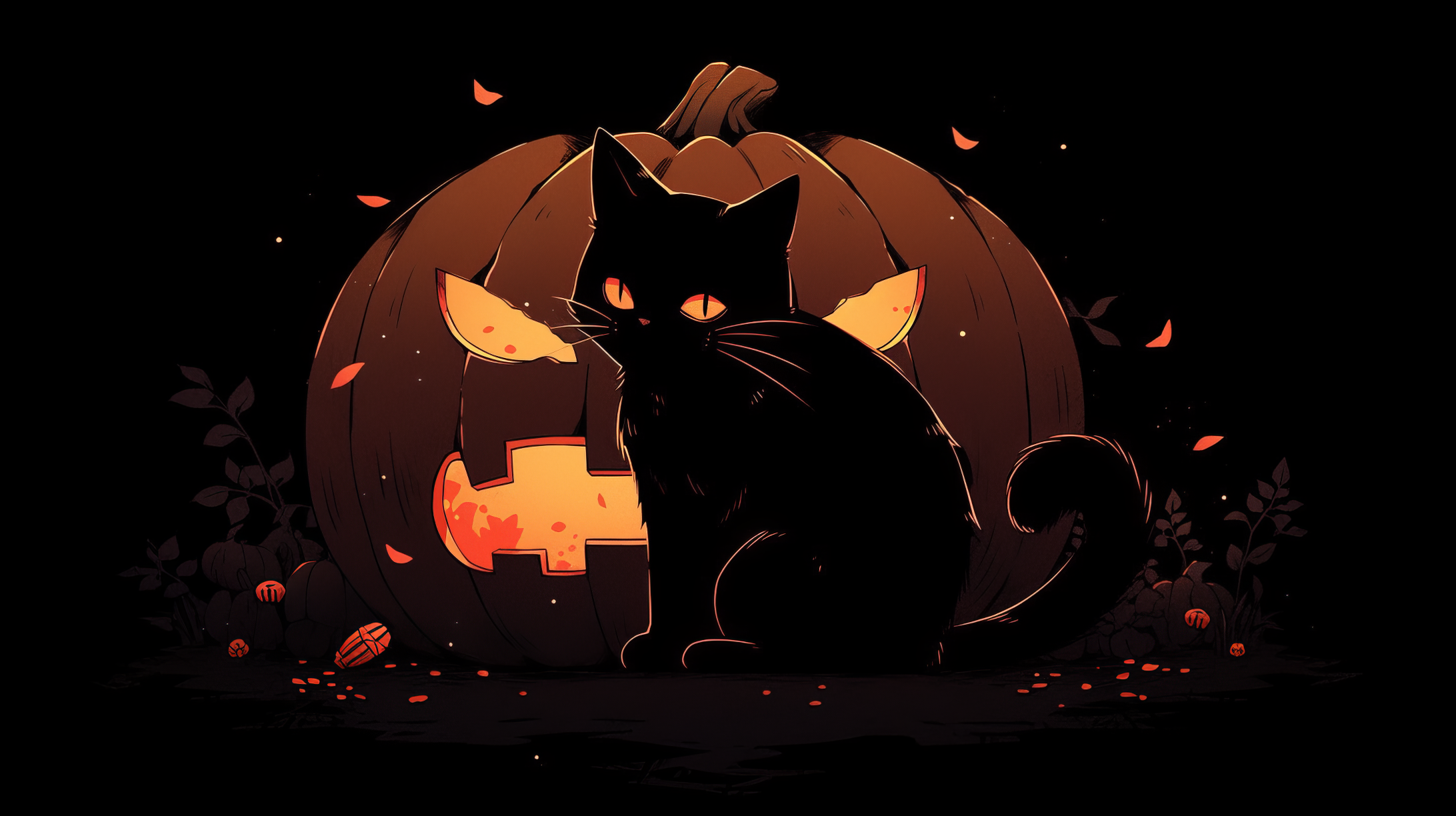Halloween Black Cat and Pumpkin HD Wallpaper
