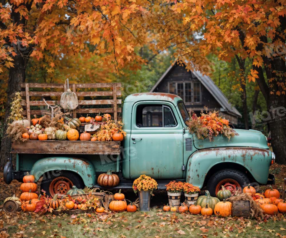Kate Fall Maple Leaves Pumpkin Truck Old House Backdrop Designed by Chain Photography, 10x8.2ft Families / Microfiber (Printed)