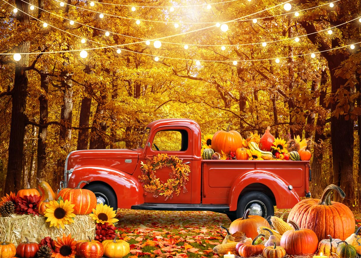 Amazon.com, LYCGS 7X5ft Fall Photography Backdrop Fall Thanksgiving Party Backdrop Autumn Forest Maple Leaf Sunflower Pumpkin Haystack Red Car Photo Background Thanksgiving Decoration Banner X 161
