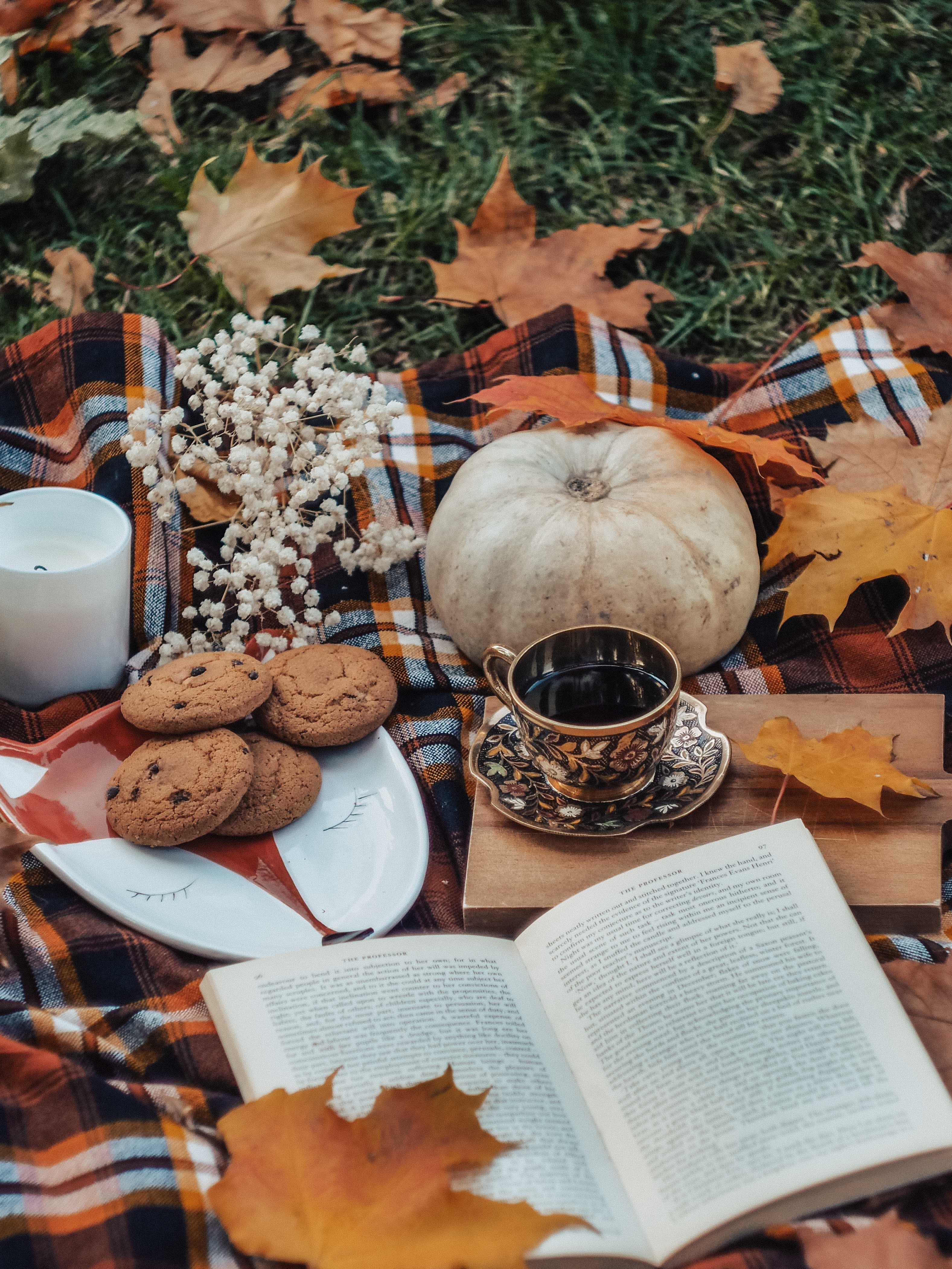 Phone wallpaper: Autumn, Tea, Pumpkin, Leaves, Cookies, Miscellanea, Miscellaneous, Book 102261