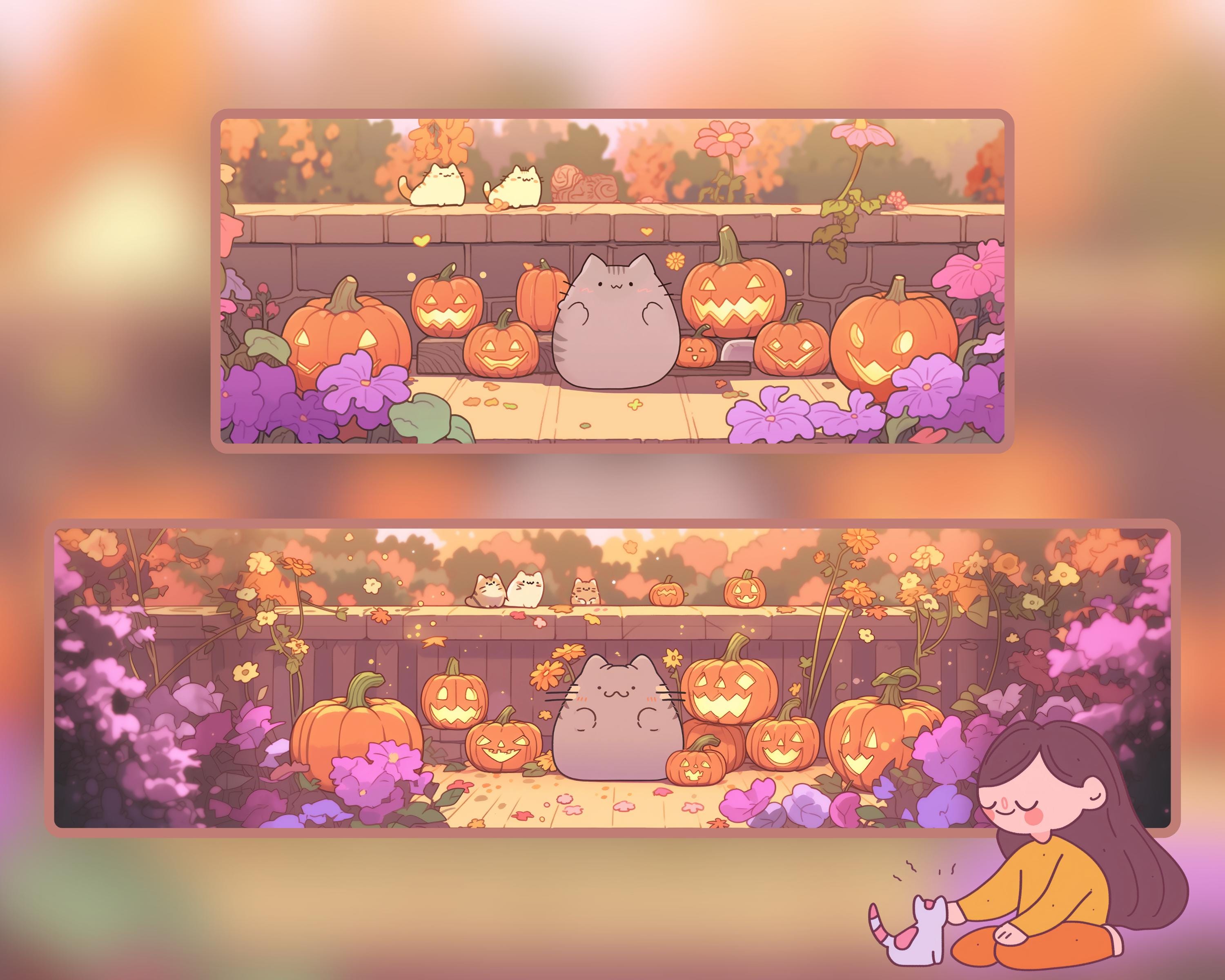 Kawaii Pumpkin Cat Wallpaper: Ultrawide Autumn Screensaver (digital Download)