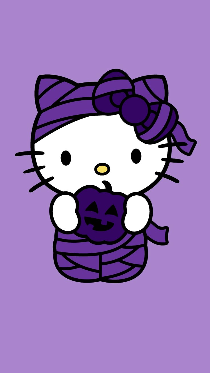 hello kitty Halloween mummy pumpkin carving costume party wallpaper iPhone background purple