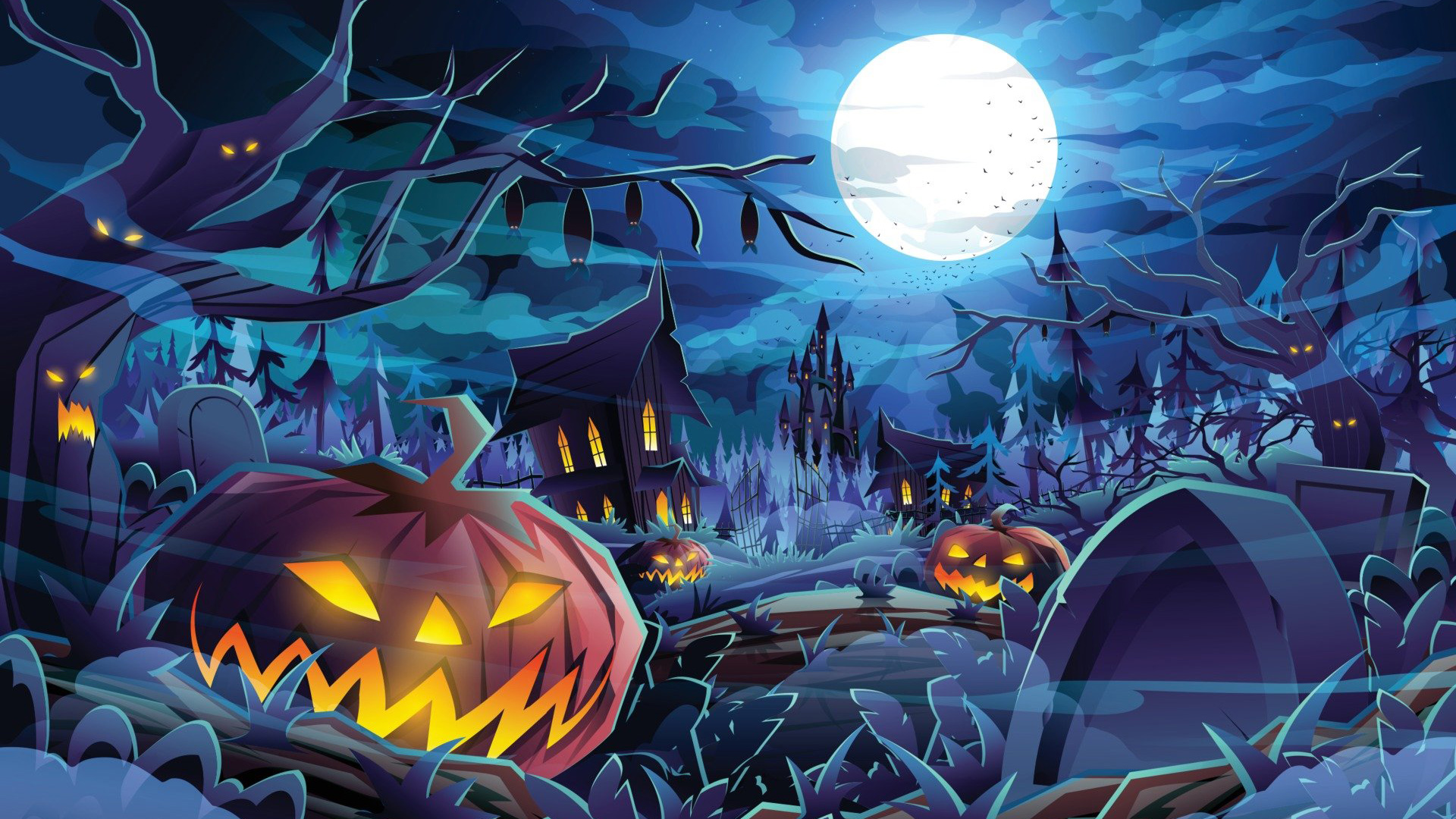 Pumpkins Face Horror Houses White Moon Blue Sky Background HD Cute Halloween Wallpaper