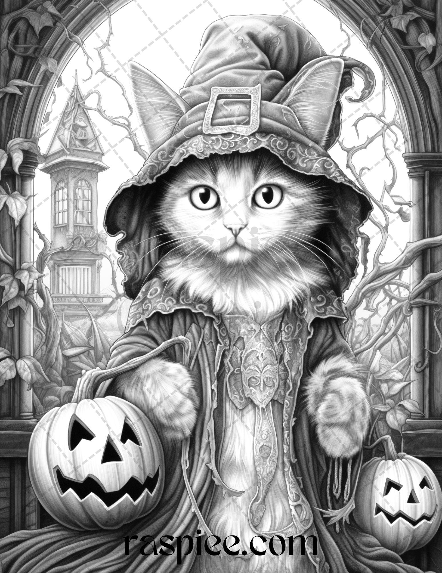 Halloween Witch Cat Grayscale Printable for Adults, PDF File Instant Download