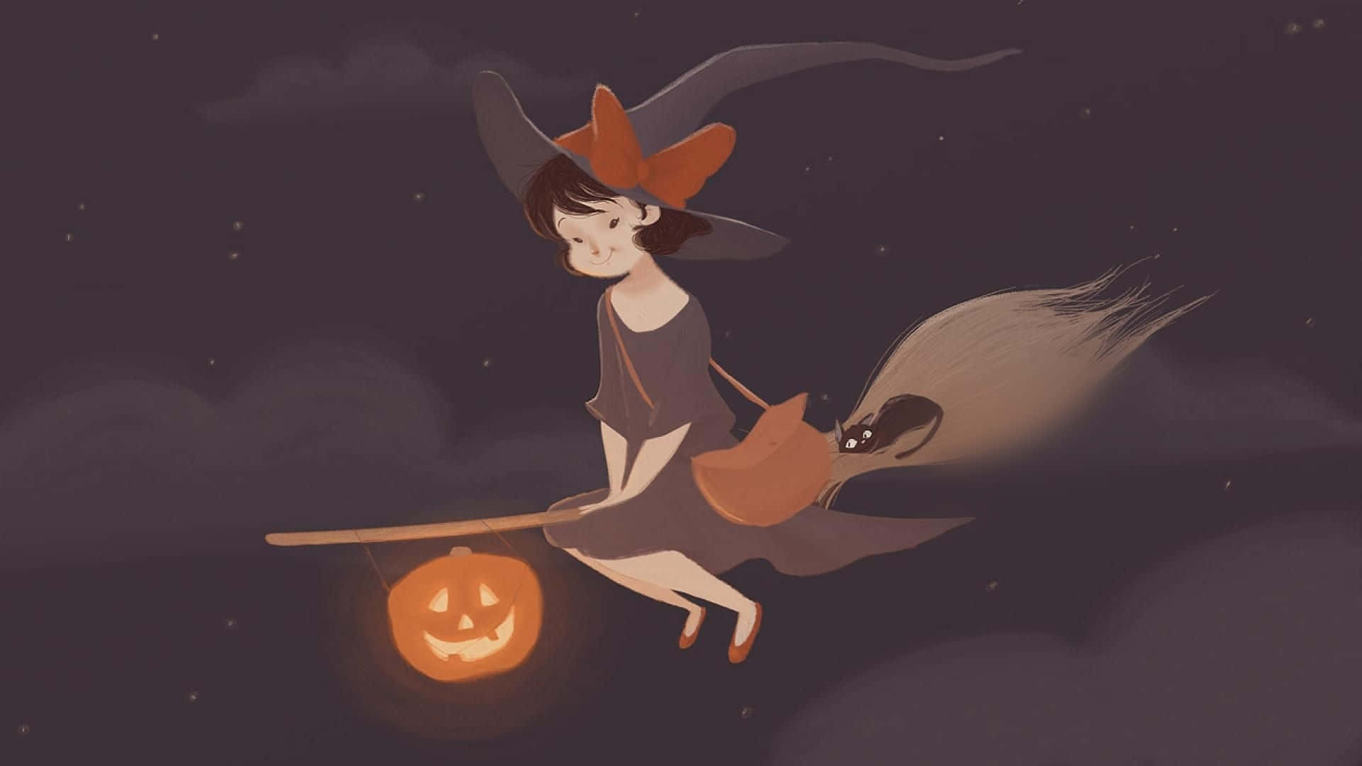 Download Cute Halloween Witch On Broom Wallpaper