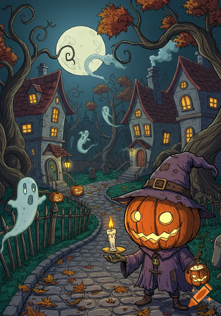 Cartoon Halloween Scene: Pumpkin Character In Witch Hat Holds A Candle On A Path, Surrounded By Ghosts, Spooky Houses, And Jack O' Lanterns. On Craiyon
