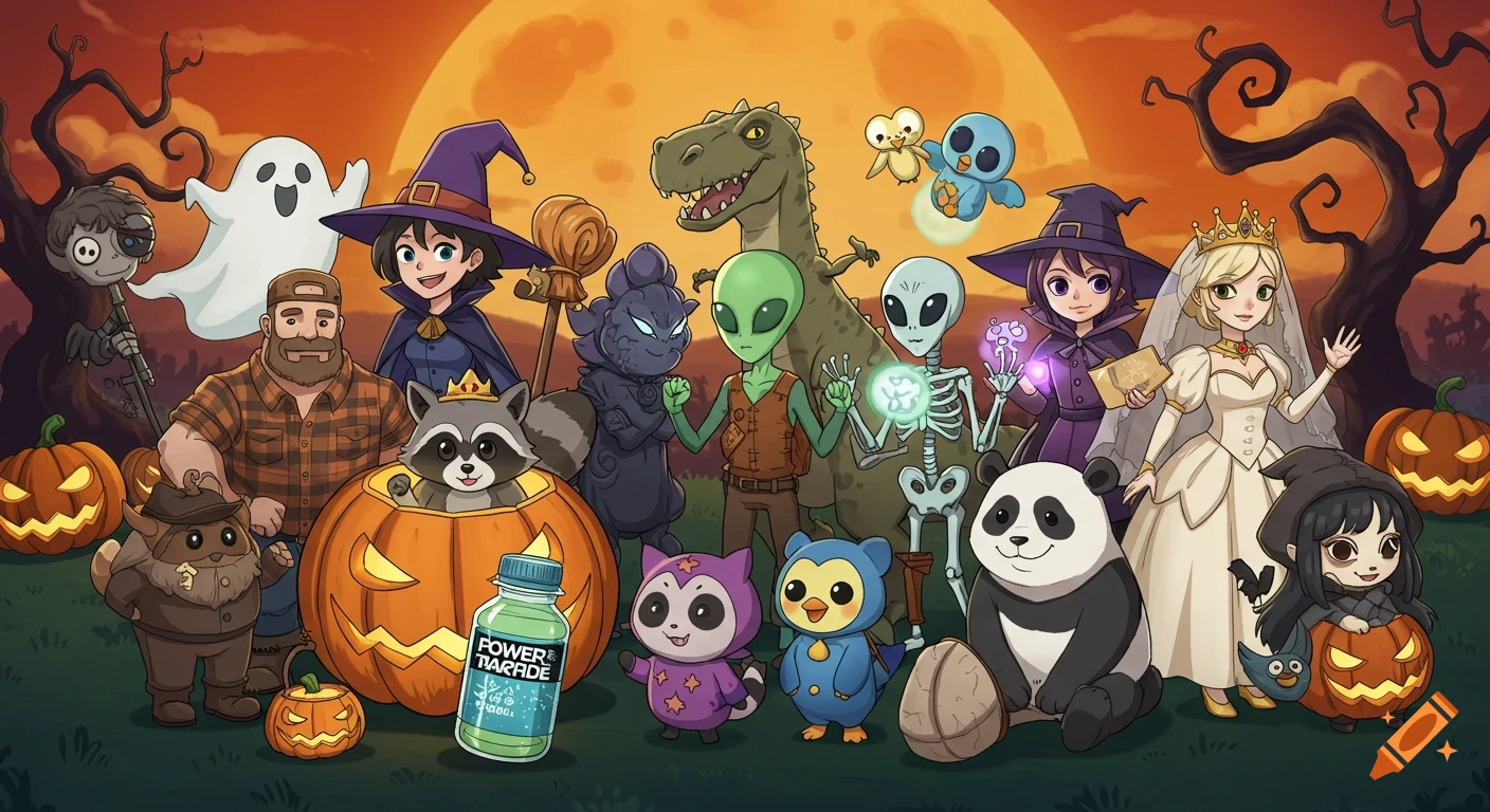 A colorful cartoon Halloween scene featuring a group of characters including a witch, lumberjack, raccoon in a pumpkin, aliens, dinosaur, skeleton, panda, and princess, under a glowing orange moon with twisted trees