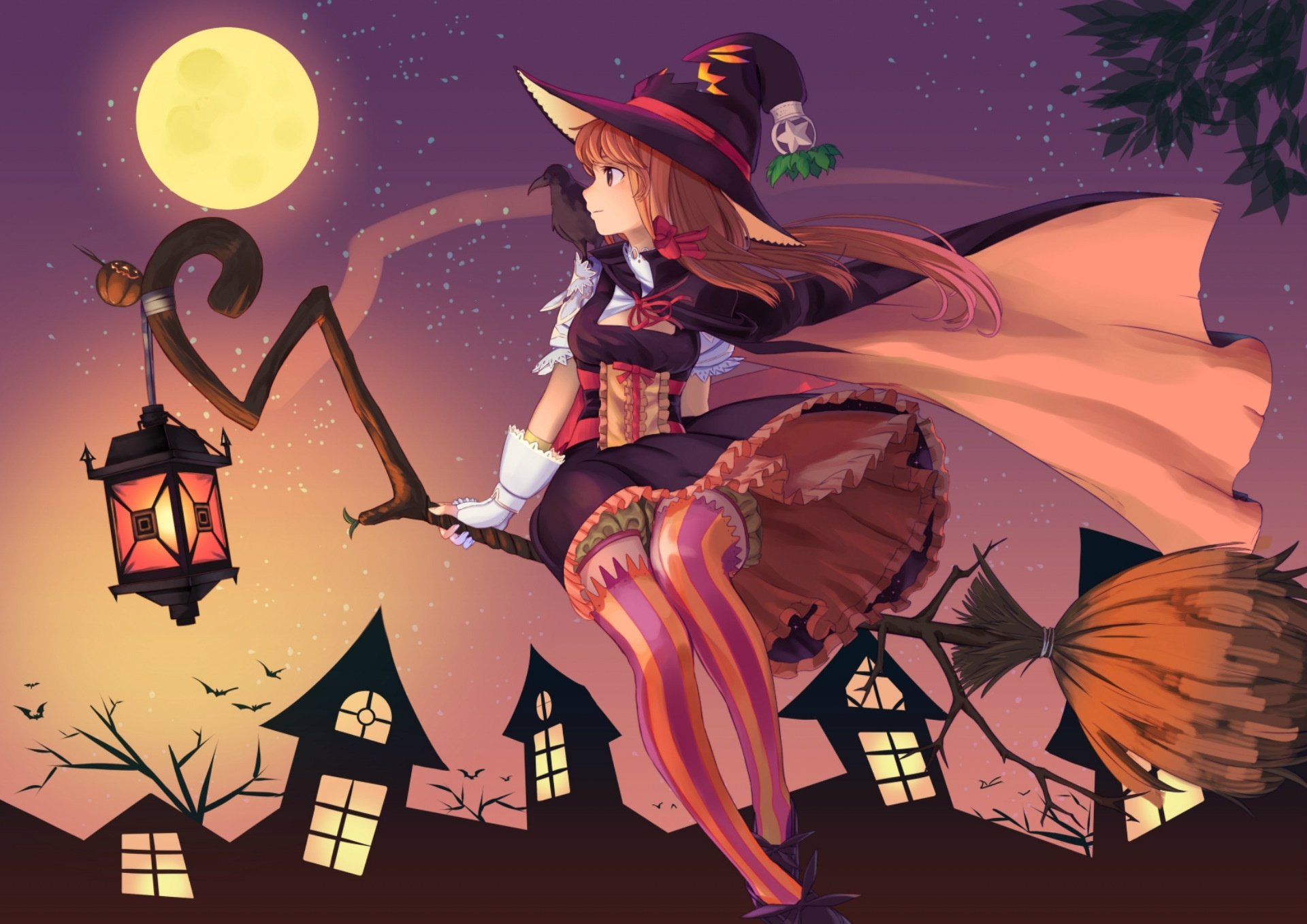 Halloween Night: Anime Witch's Enchanted Flight HD Wallpaper