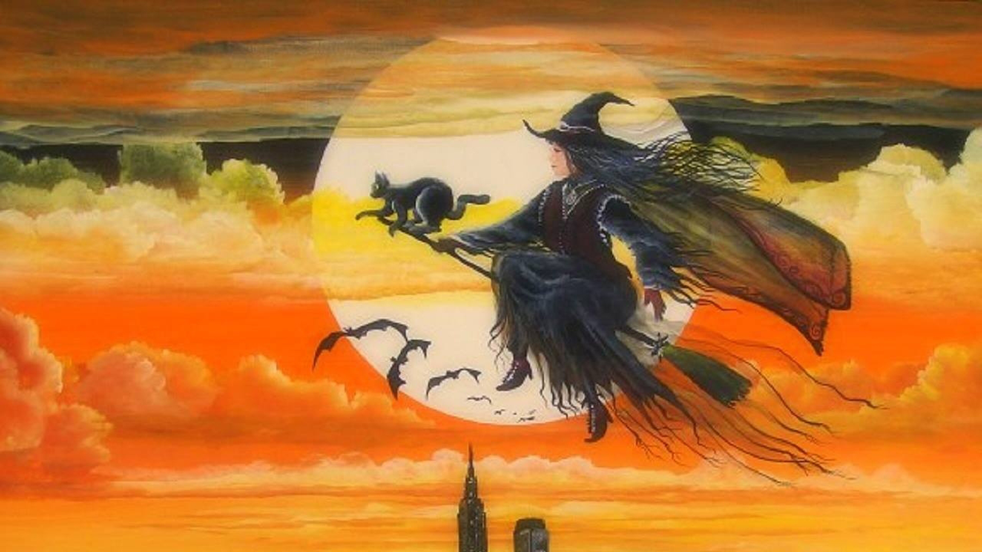 Witch Flying High With Cat Broomstick HD Halloween Wallpaper