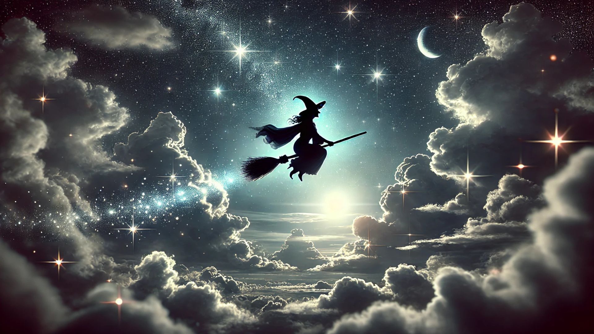 Halloween Themed Wallpaper Featuring A Witch Flying Across A Cloudy Night Sky On Her Broomstick. She Leaves A Magical Trail Of Sparkling Stars Behind Sky HD Halloween Wallpaper. HD Wallpaper. ID #