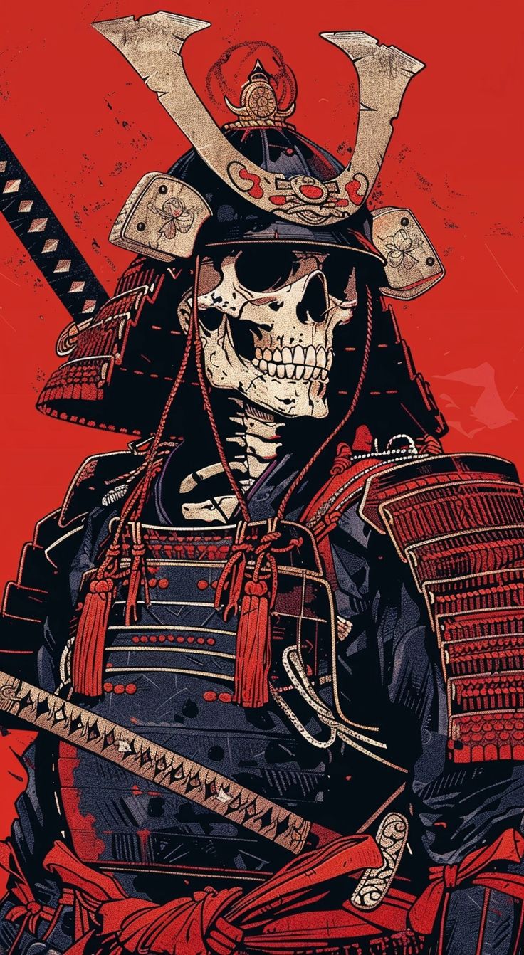 a skeleton in a samurai costume holding a sword