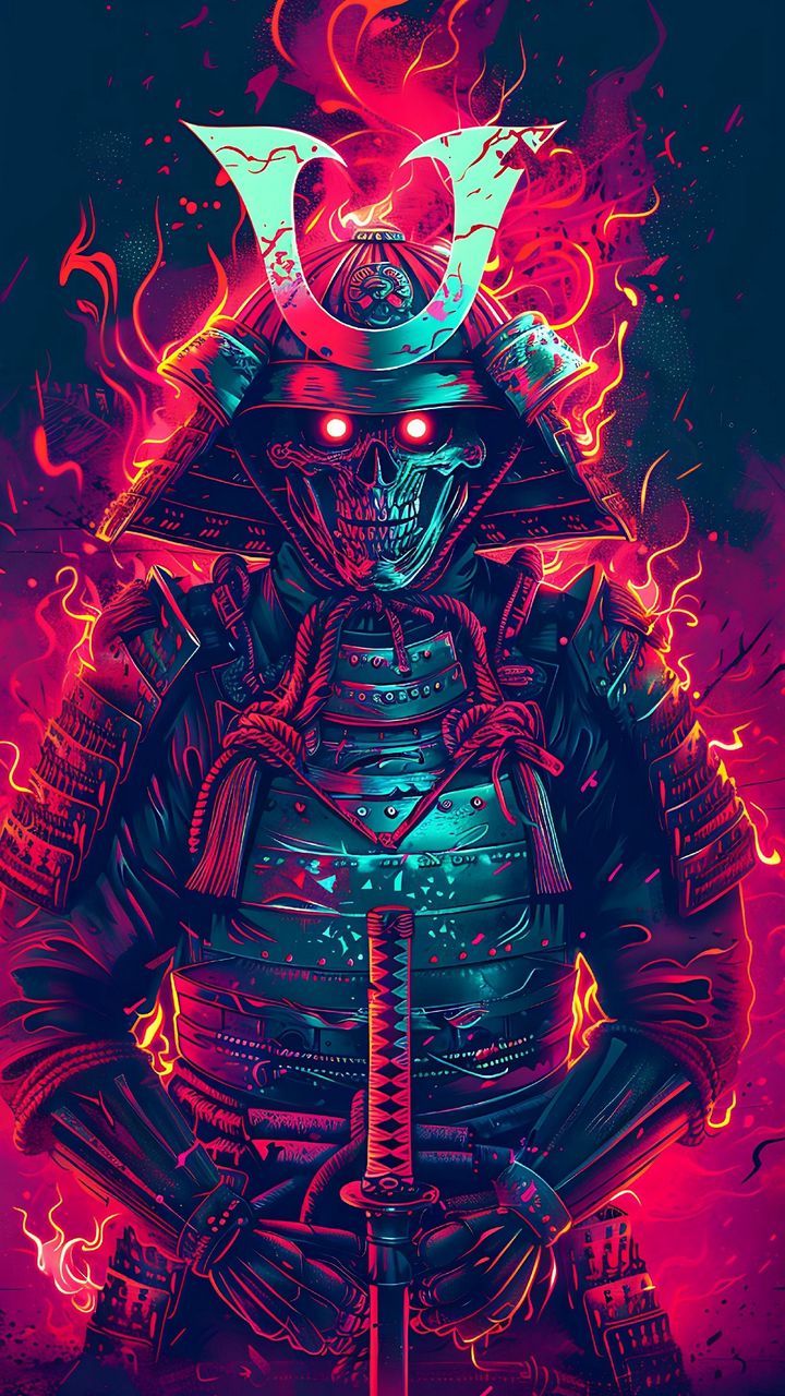 free 4K wallpaper samurai, armor, skeleton, katana, light, red, art