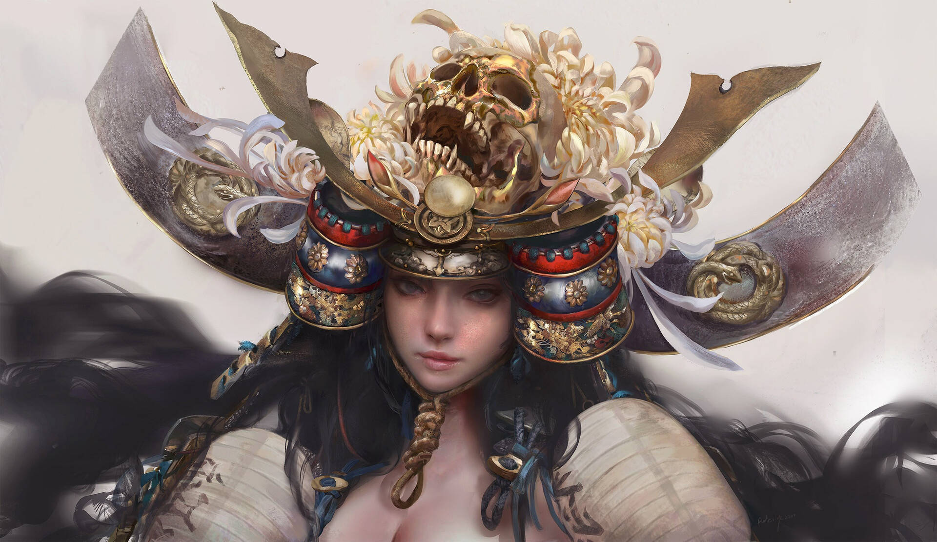 Download A female samurai wearing a skull headpiece Wallpaper