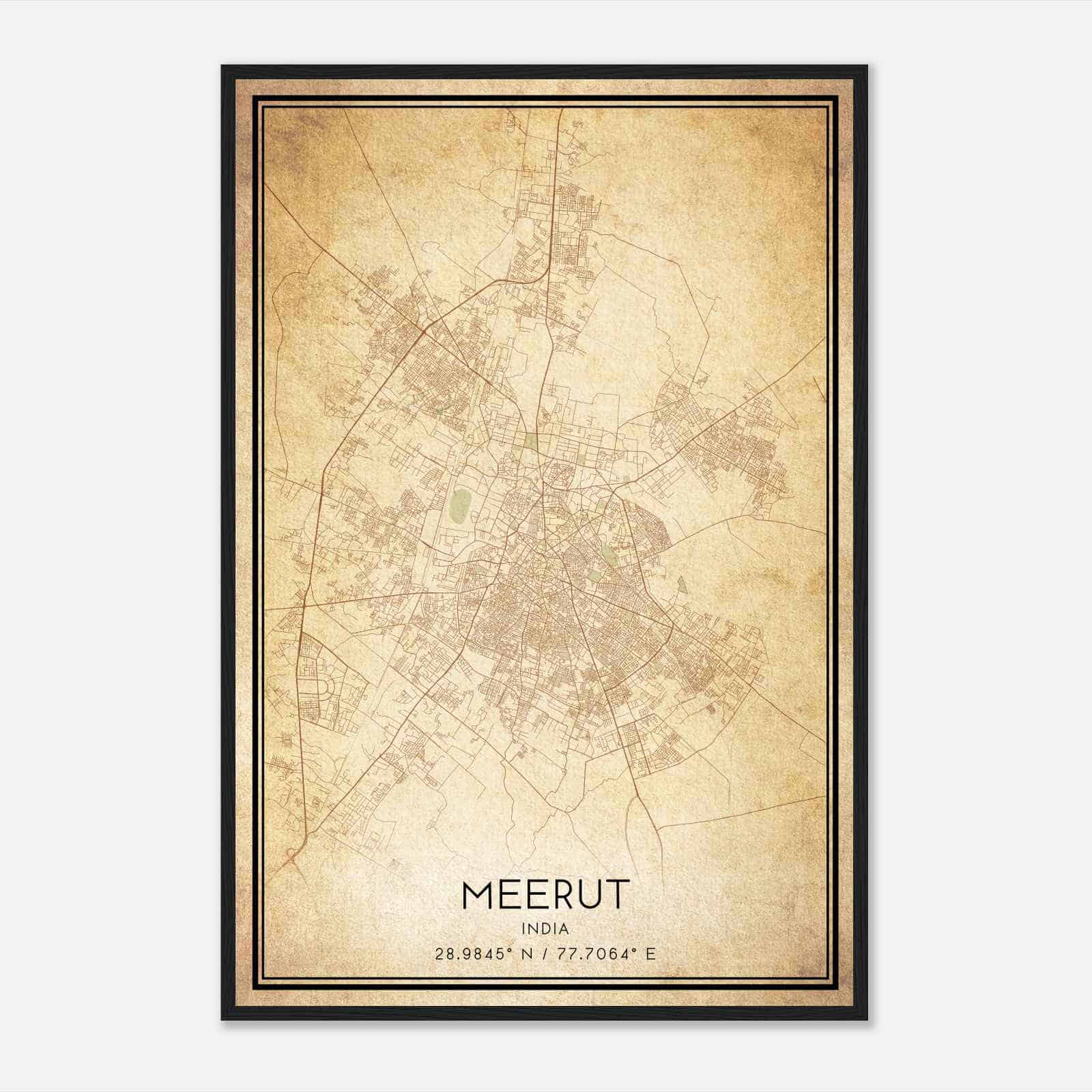Vintage Meerut India Map Poster, Meerut City Road Wall Art Print Maps & Posters