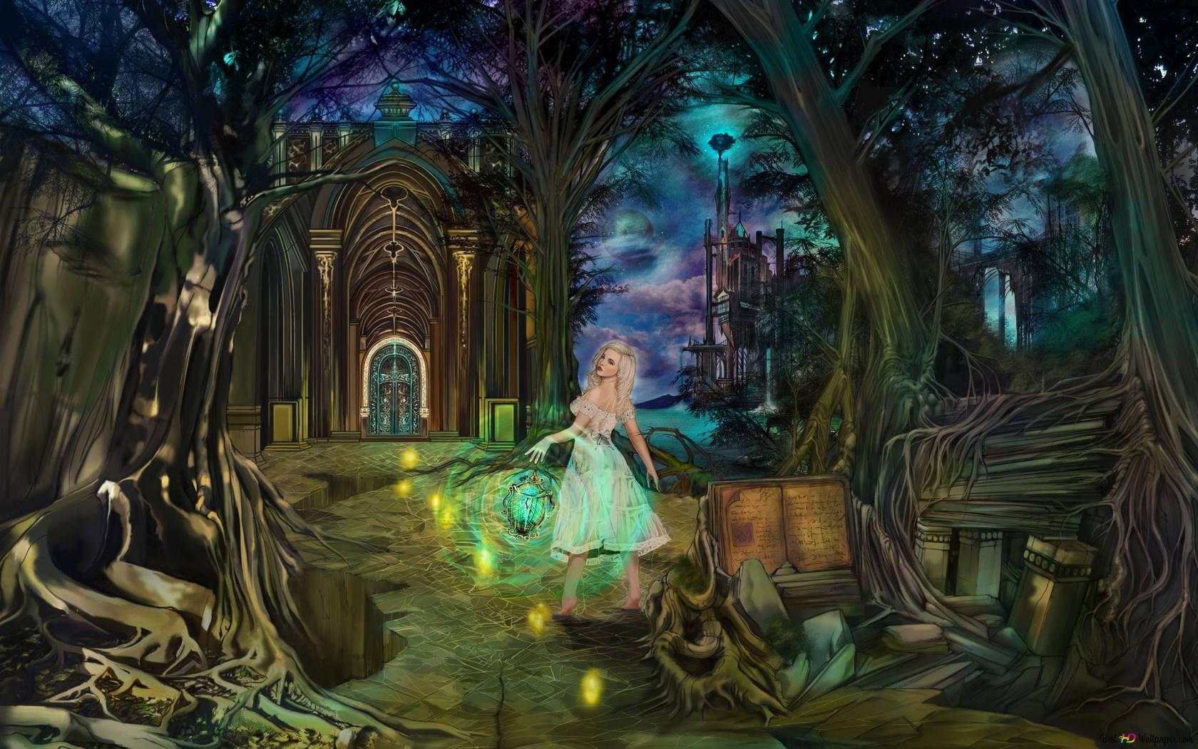 Magic Library Inside Forest 2K wallpaper download