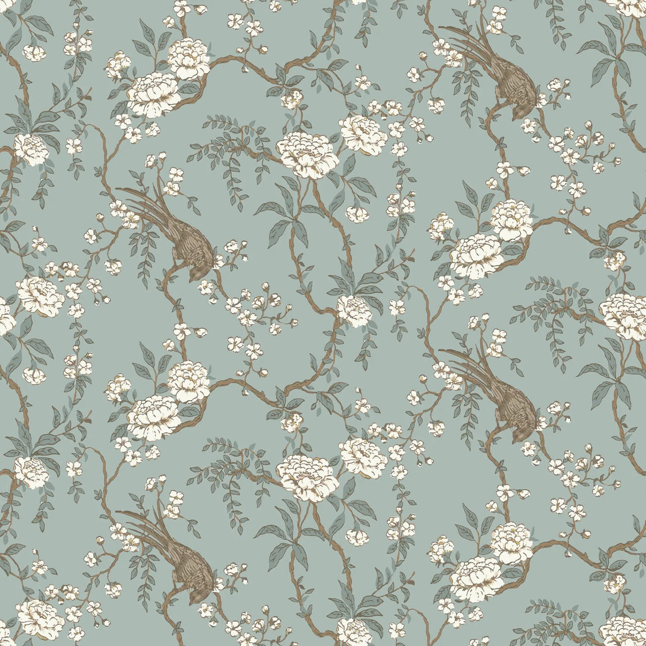 Floral Bird Toile Light Blue Wallpaper