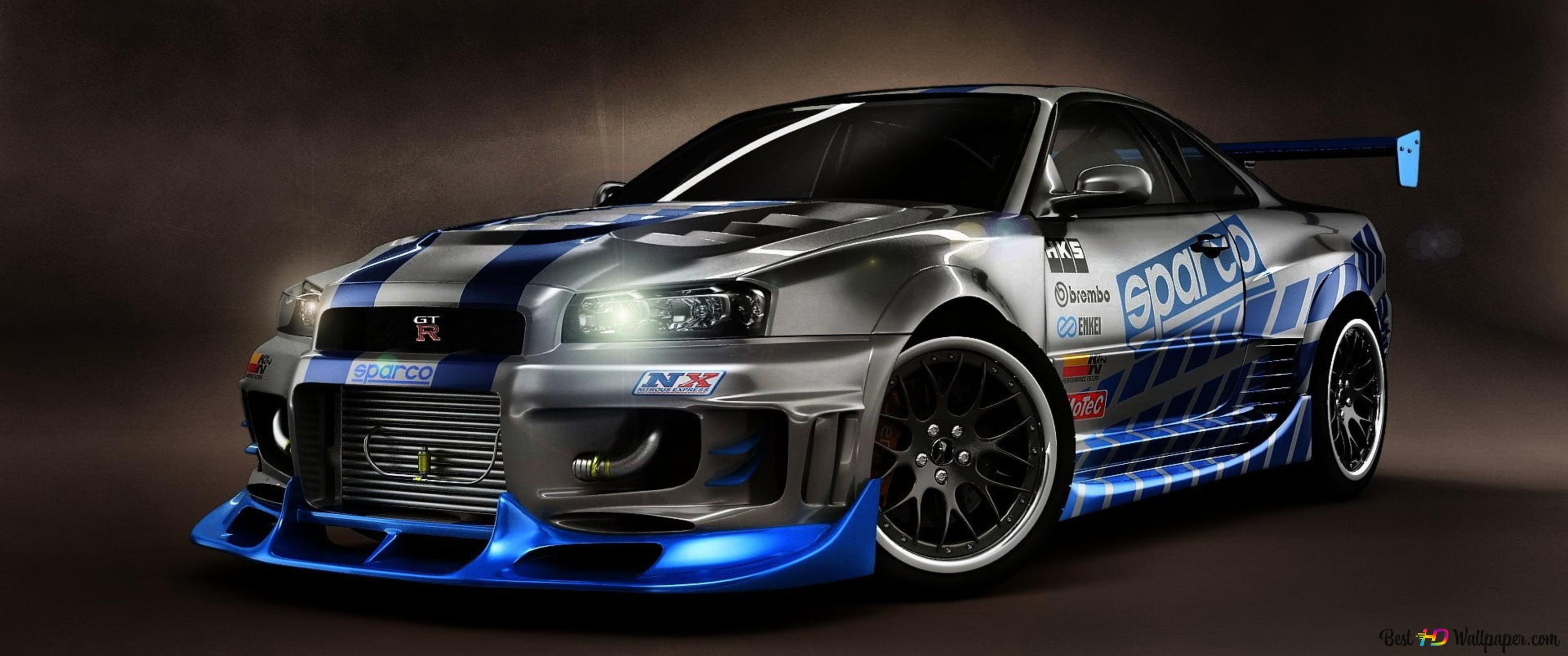 Blue and silver nissan skyline gtr r34 4K wallpaper download