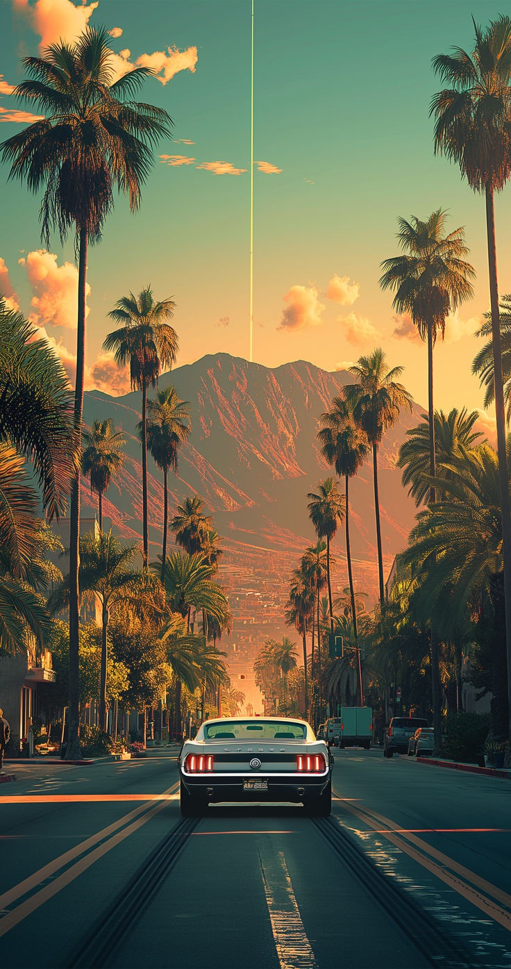 Classic Car Sunset Drive 4K Wallpaper