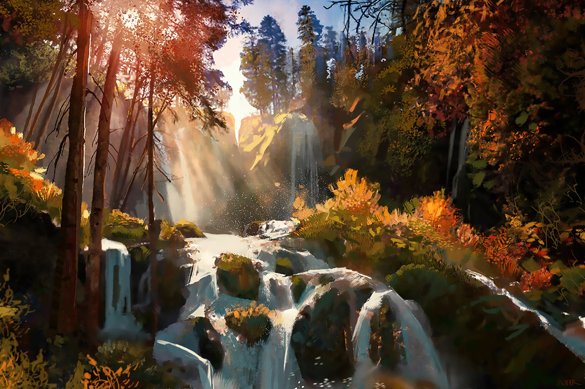 Autumn Sunlit Waterfall: A Fantasy Leafy Forest HD Wallpaper
