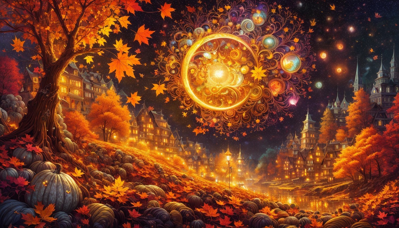 Colorful Fantasy Landscape with Autumn Trees and Glowing Pumpkins. Deep Dream Generator