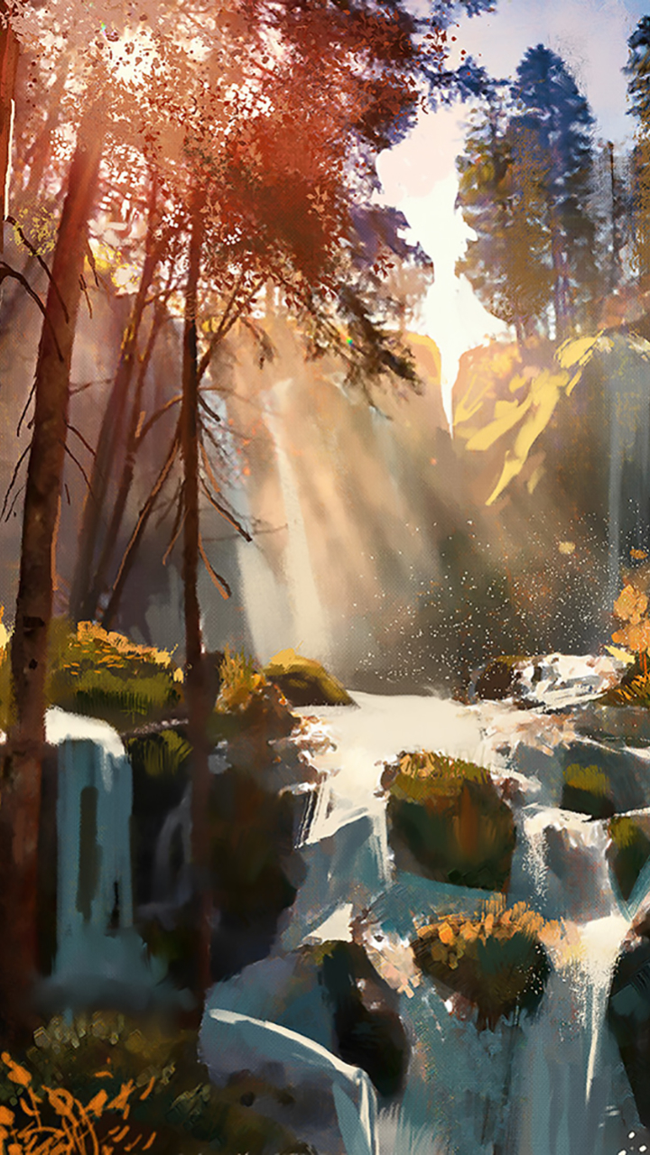 Phone wallpaper: Fantasy, Waterfall, Sunshine, Tree, Fall, Leaf 1281971