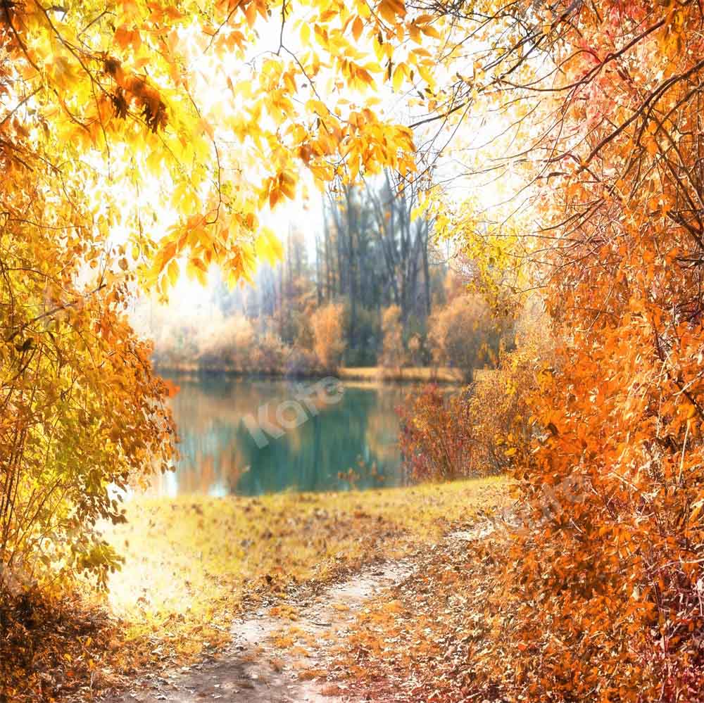 Golden Autumn Lakeside Forest Backdrop