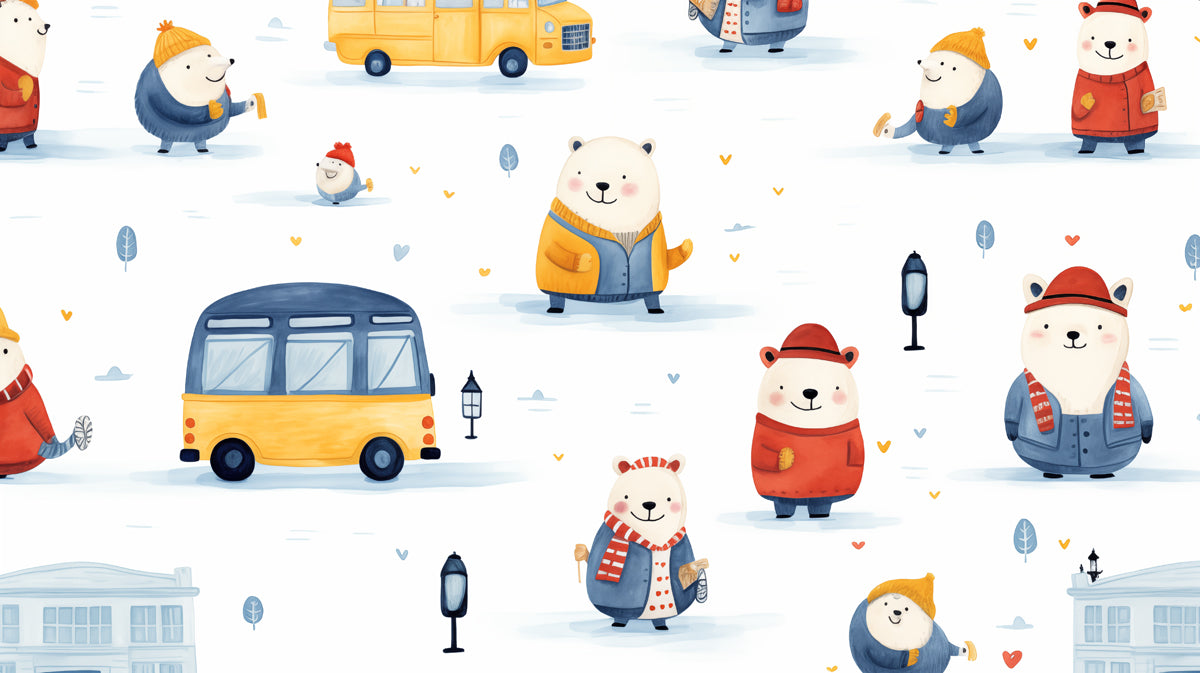 Watercolor Polar Bear Winter Scene. Cartoon, Yellow Bus, Cozy Seasonal Theme
