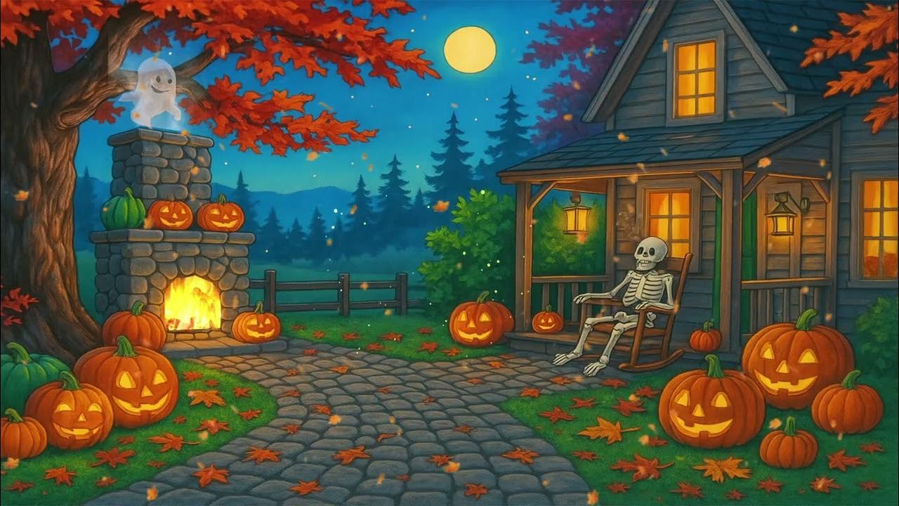 Cozy autumn village Halloween ambience 1930's with vintage music