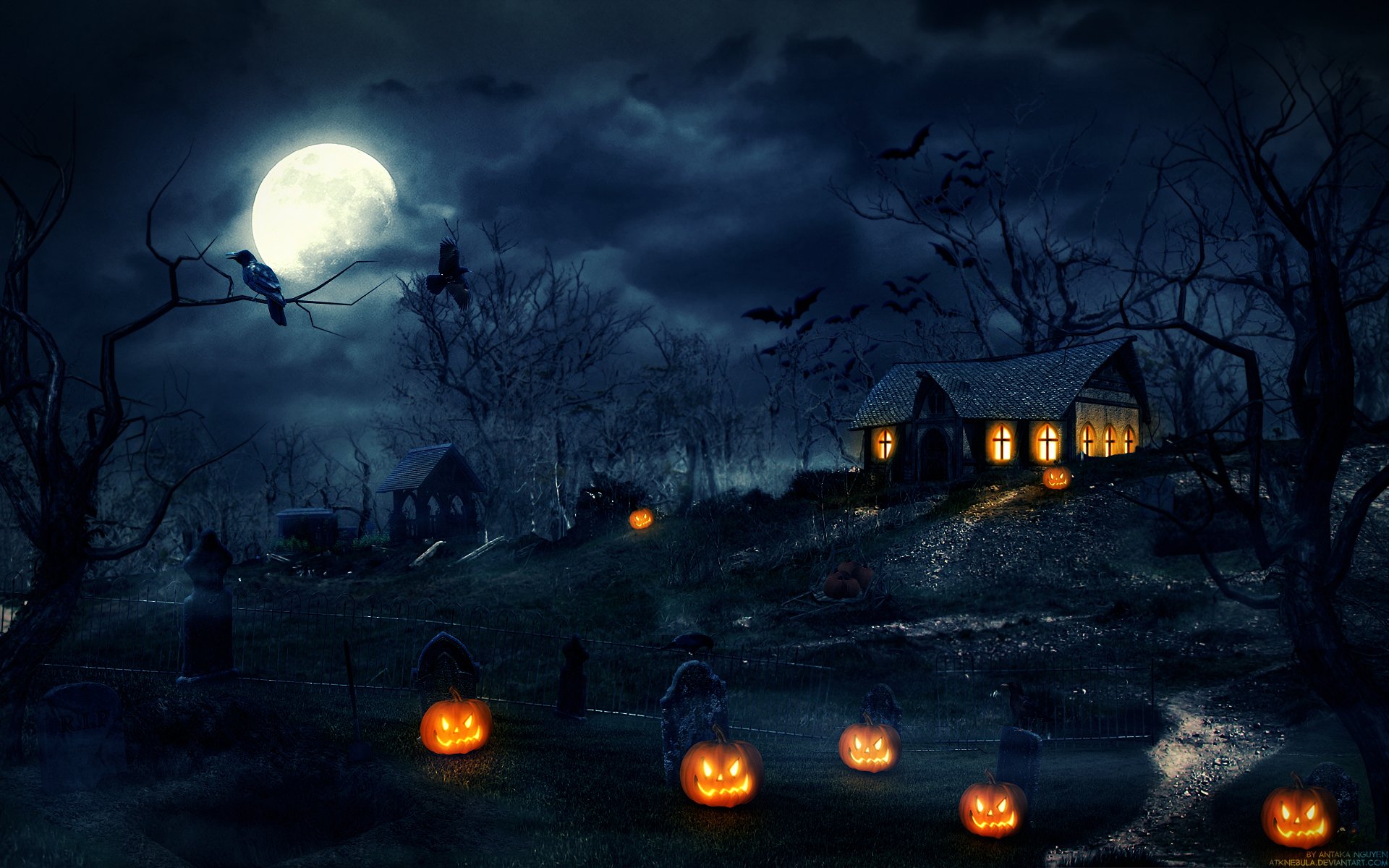 Halloween Night: Haunted Street With Glowing Jack O' Lanterns And Moonlit House By Nguyen Quang Dat