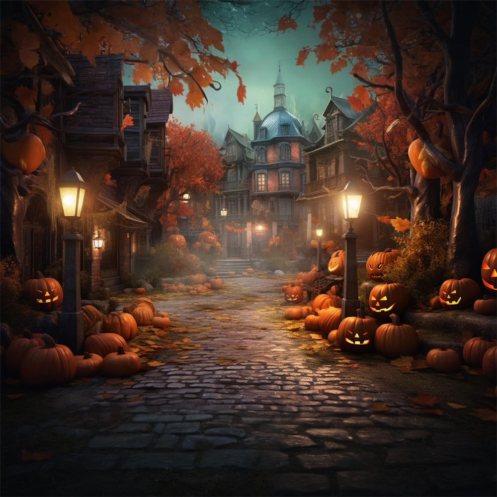 Halloween Night Street House Pumpkins Backdrop UK RR7 405