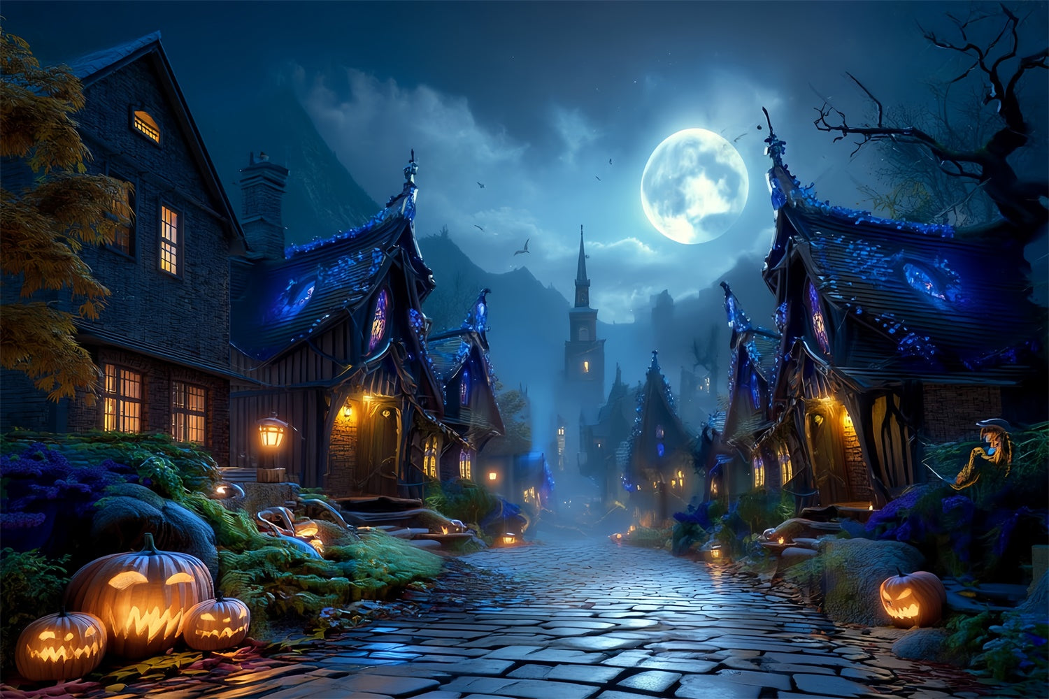 Haunted House Backdrop Full Moon Haunted Village Street Halloween Backdrop MRR8 23