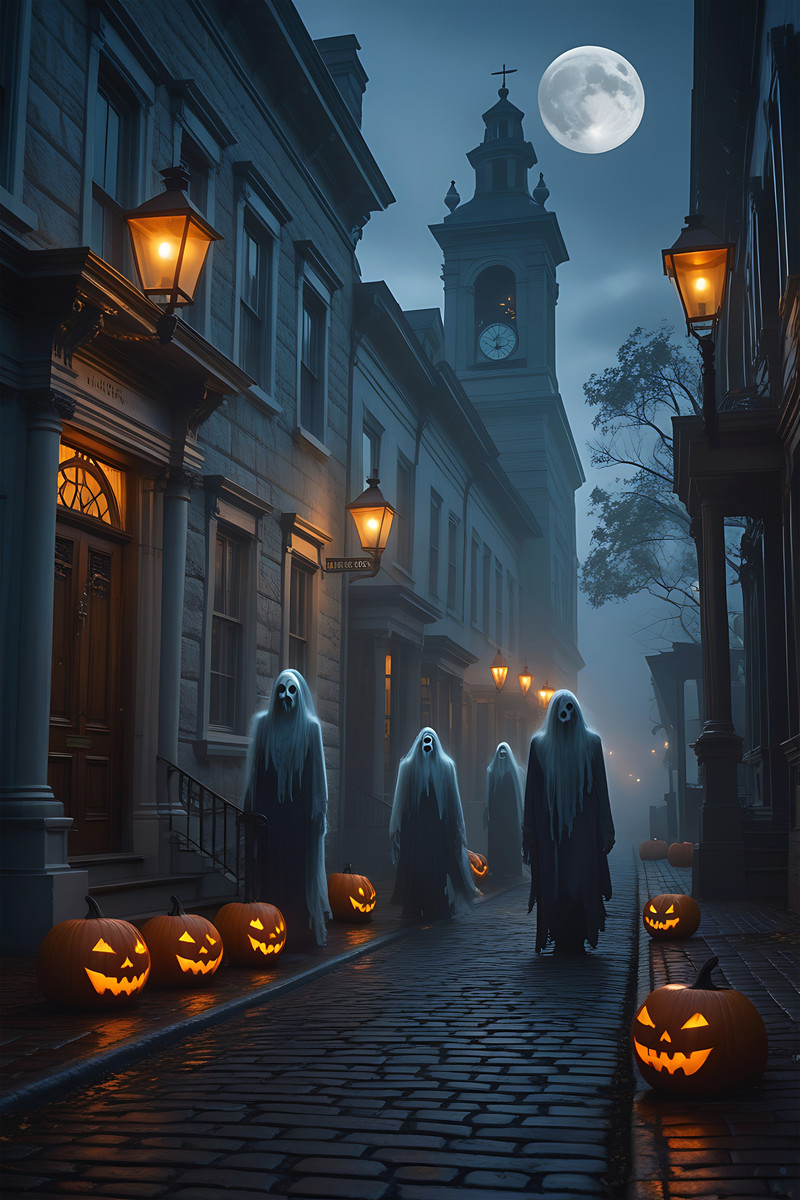 Spooky Halloween Night With Ghosts And Jack O Lanterns On Cobblestone Street Background. JPG Free Download