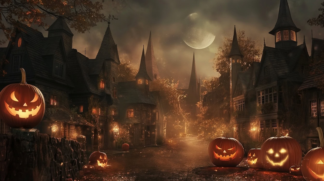 Free picture: Spooky illustration of scene of dark street at Halloween evening with scary pumpkins on a street in a fairytale land