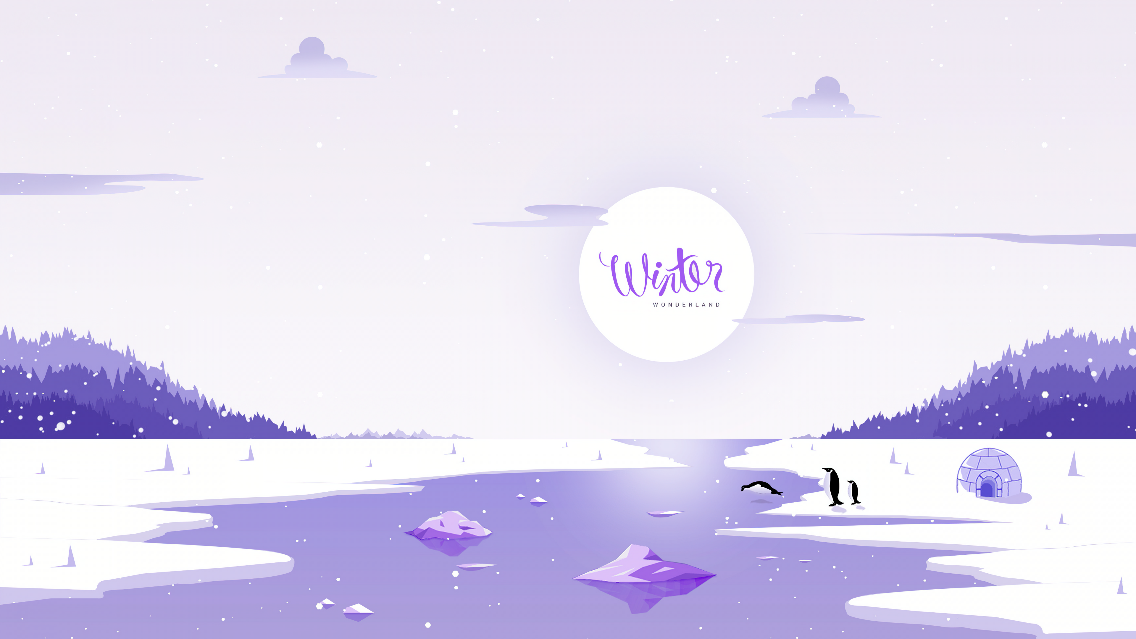 Winter Wallpaper 4K, Illustration, River, Penguins
