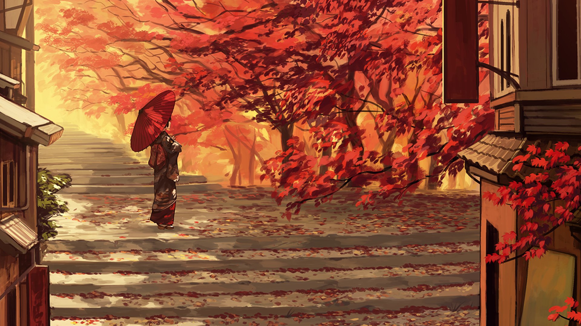 Serene Autumn Stroll: HD Anime Girl Amid Scarlet Leaves