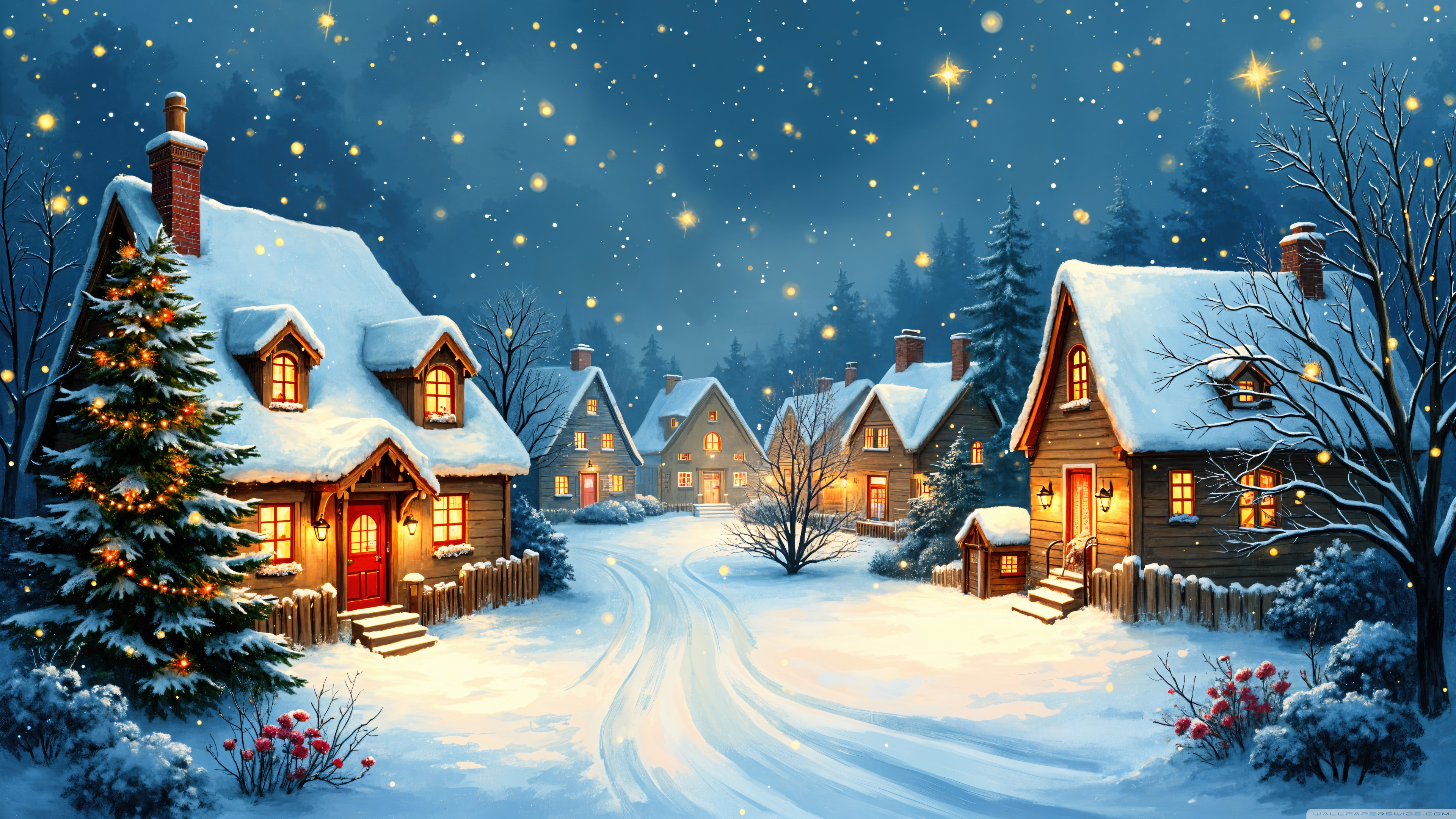 Classic Christmas Village, Winter Illustration 4K UHD Wallpaper for UltraHD Desktop and TV, Widescreen and UltraWide Display, Dual Monitor, Smartphone and Tablet Devices