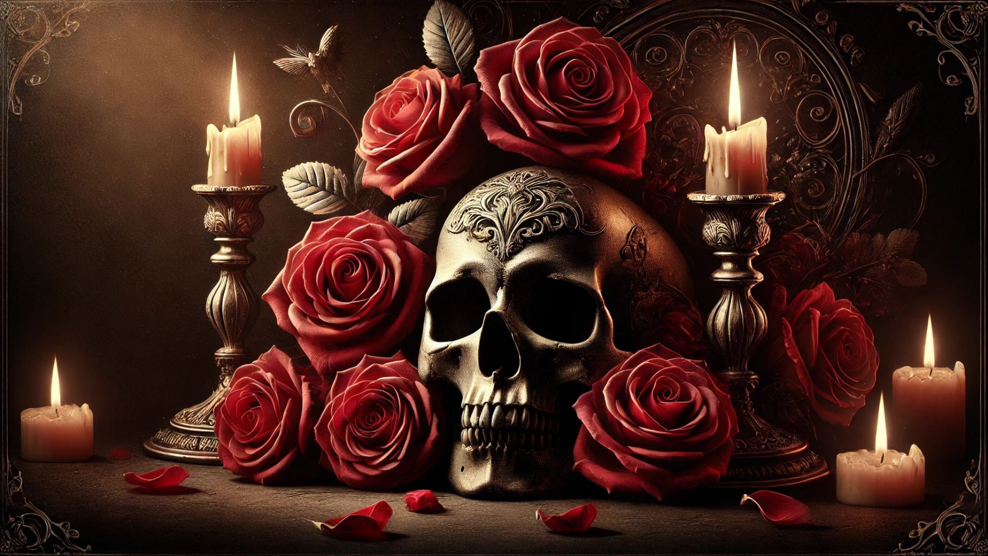dark, gothic wallpaper featuring detailed skulls surrounded by deep red roses, illuminated by soft, warm candlelight HD halloween Wallpaper