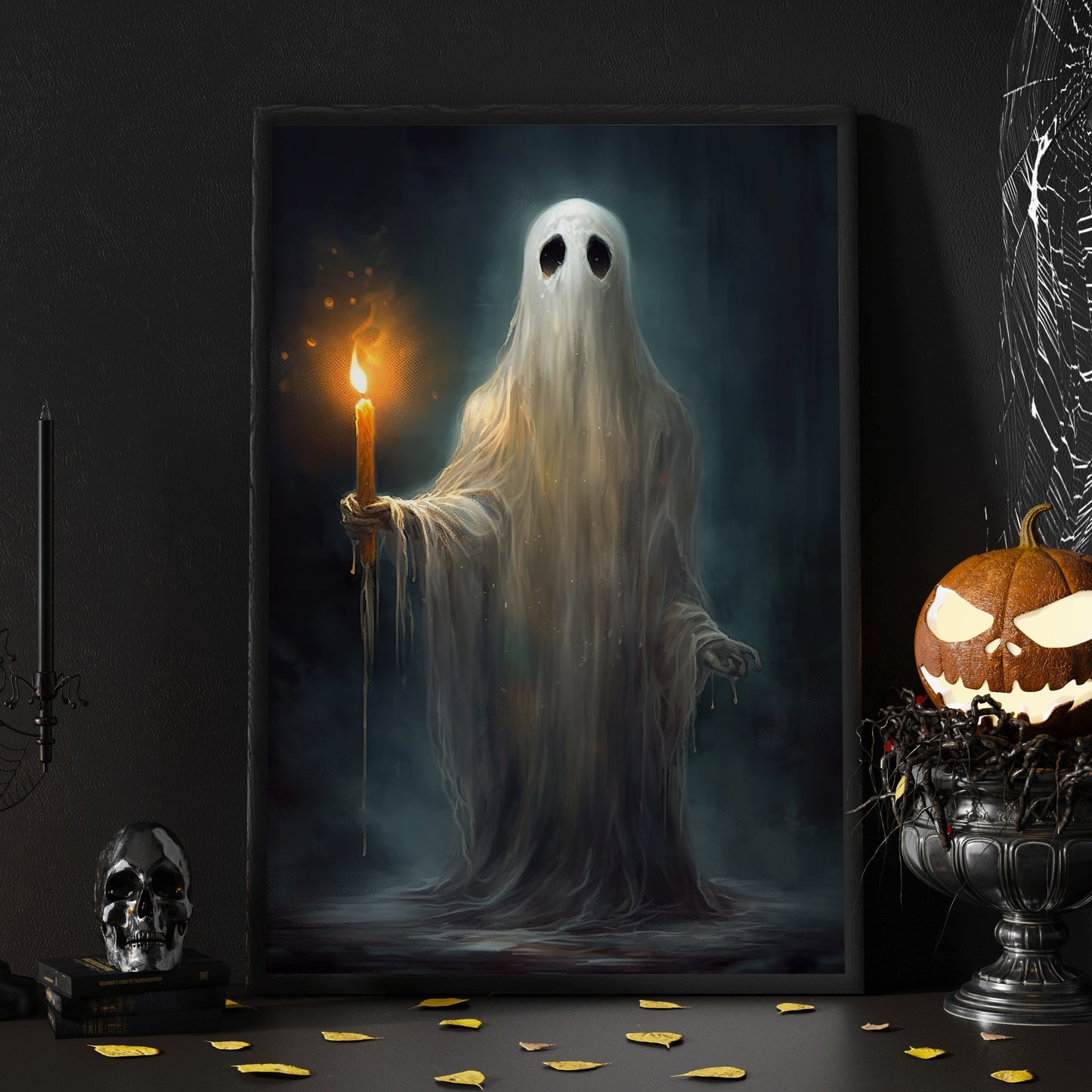 The Wet Ghost Holds The Candle Vintage Halloween Canvas Painting, Wall